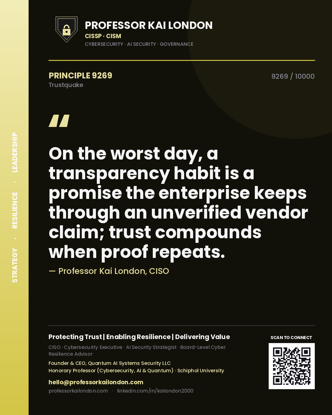 Professor Kai London principle 9269: On the worst day, a transparency habit is a promise the enterprise keeps through an unverified vendor claim; trust compounds when proof repeats.