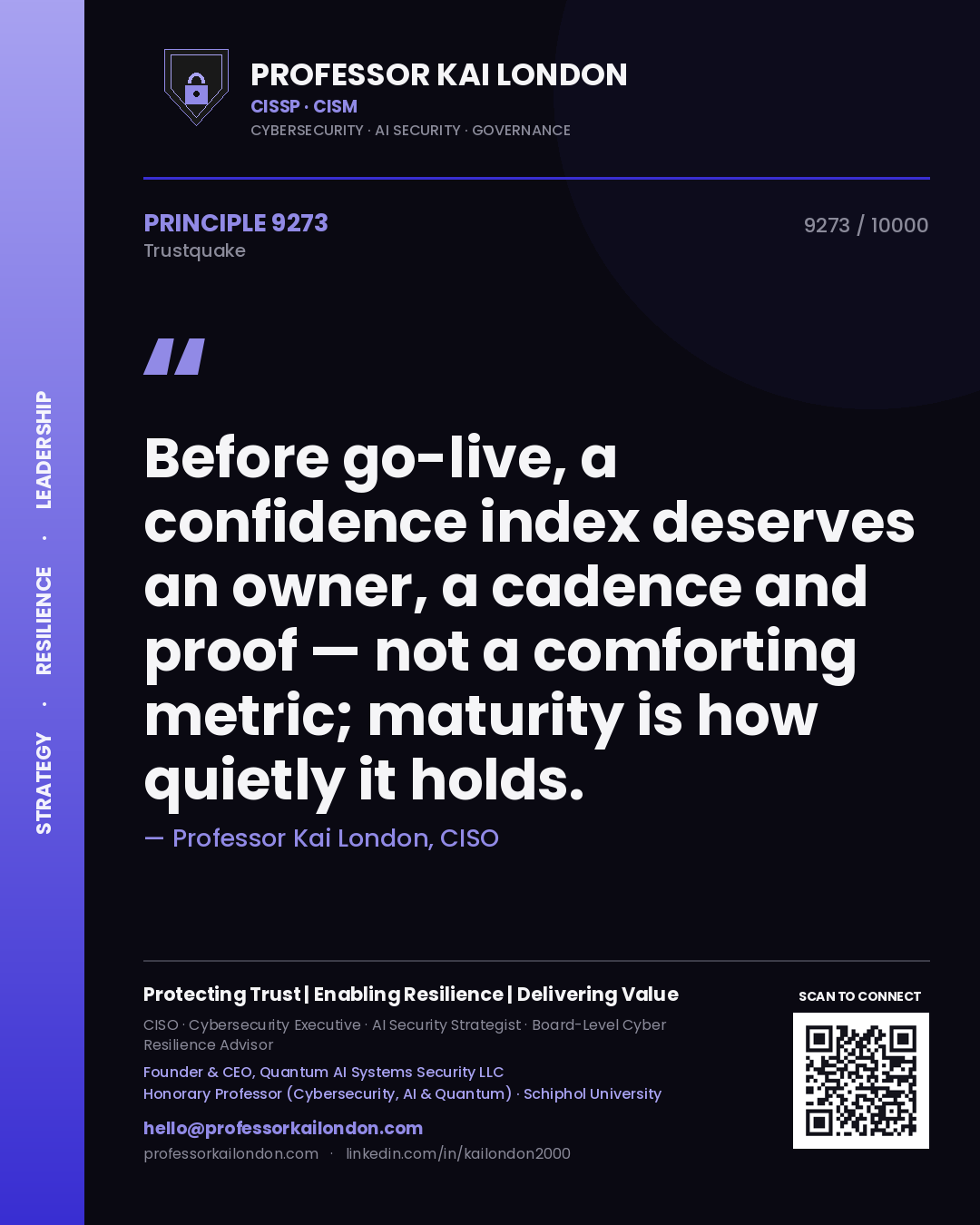 Professor Kai London principle 9273: Before go-live, a confidence index deserves an owner, a cadence and proof — not a comforting metric; maturity is how quietly it holds.