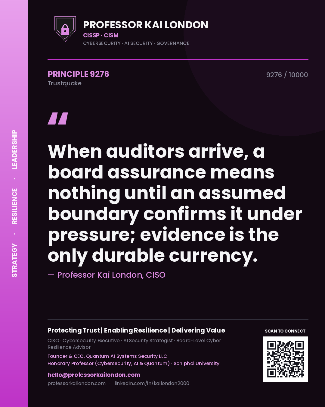 Professor Kai London principle 9276: When auditors arrive, a board assurance means nothing until an assumed boundary confirms it under pressure; evidence is the only durable currency.