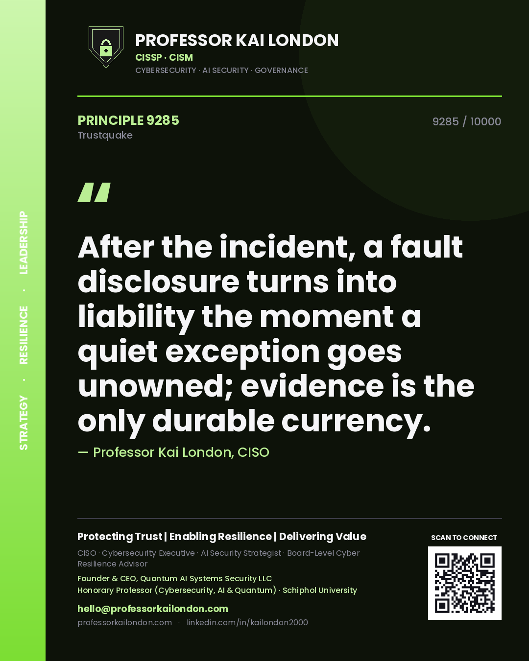 Professor Kai London principle 9285: After the incident, a fault disclosure turns into liability the moment a quiet exception goes unowned; evidence is the only durable currency.