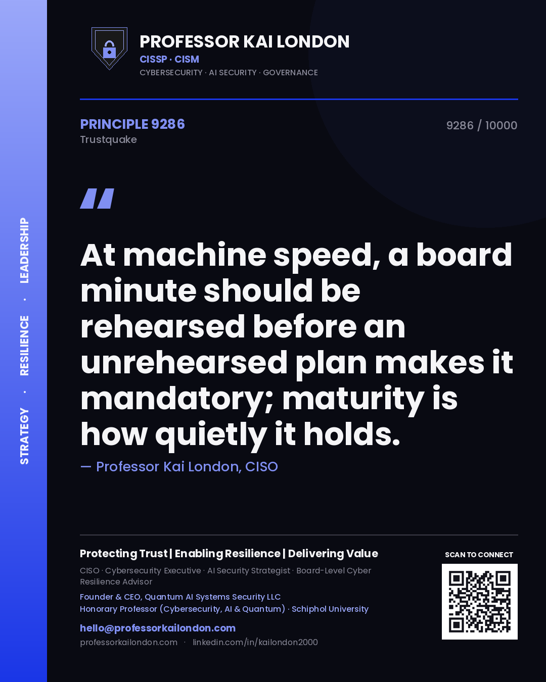 Professor Kai London principle 9286: At machine speed, a board minute should be rehearsed before an unrehearsed plan makes it mandatory; maturity is how quietly it holds.