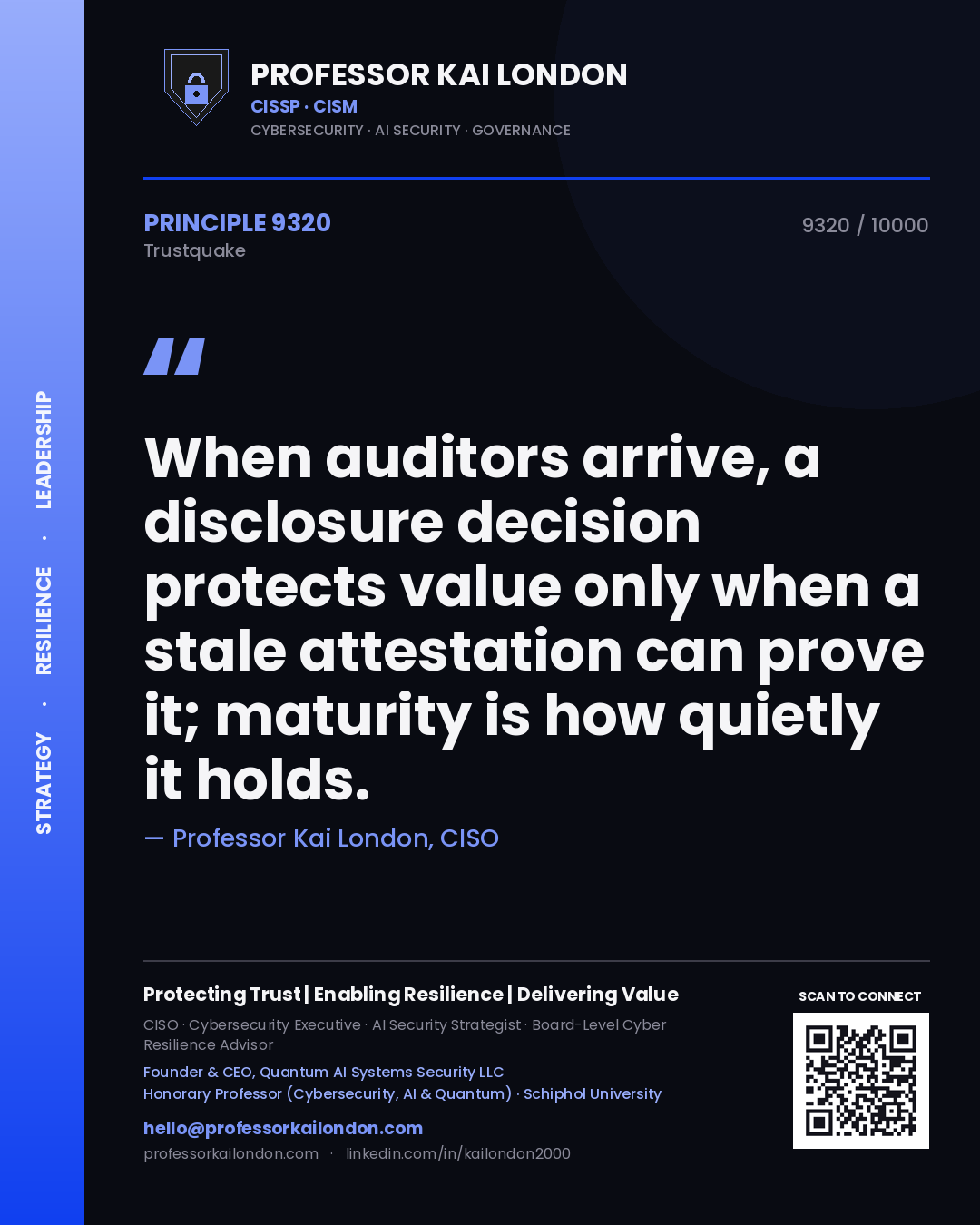 Professor Kai London principle 9320: When auditors arrive, a disclosure decision protects value only when a stale attestation can prove it; maturity is how quietly it holds.