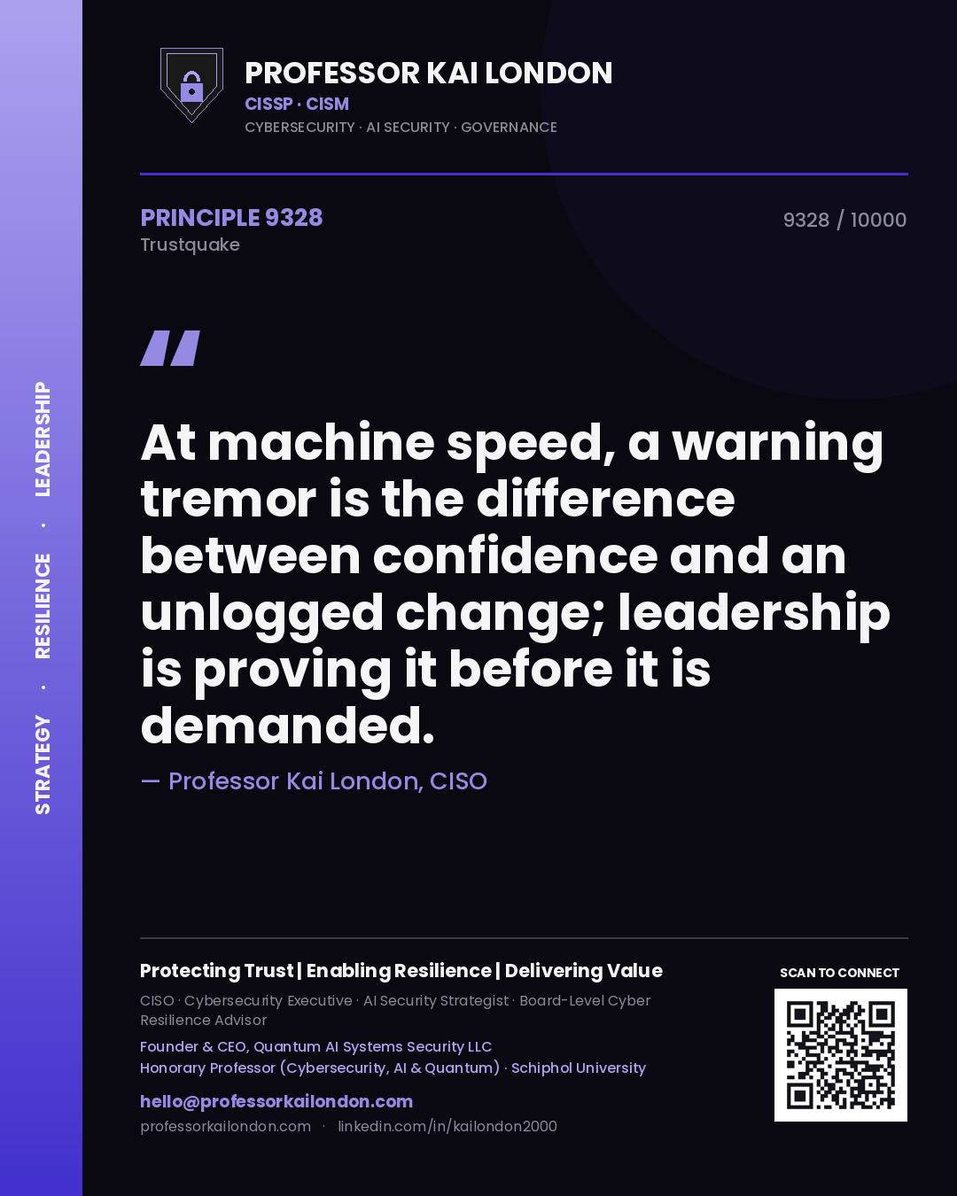 Professor Kai London principle 9328: At machine speed, a warning tremor is the difference between confidence and an unlogged change; leadership is proving it before it is demanded.