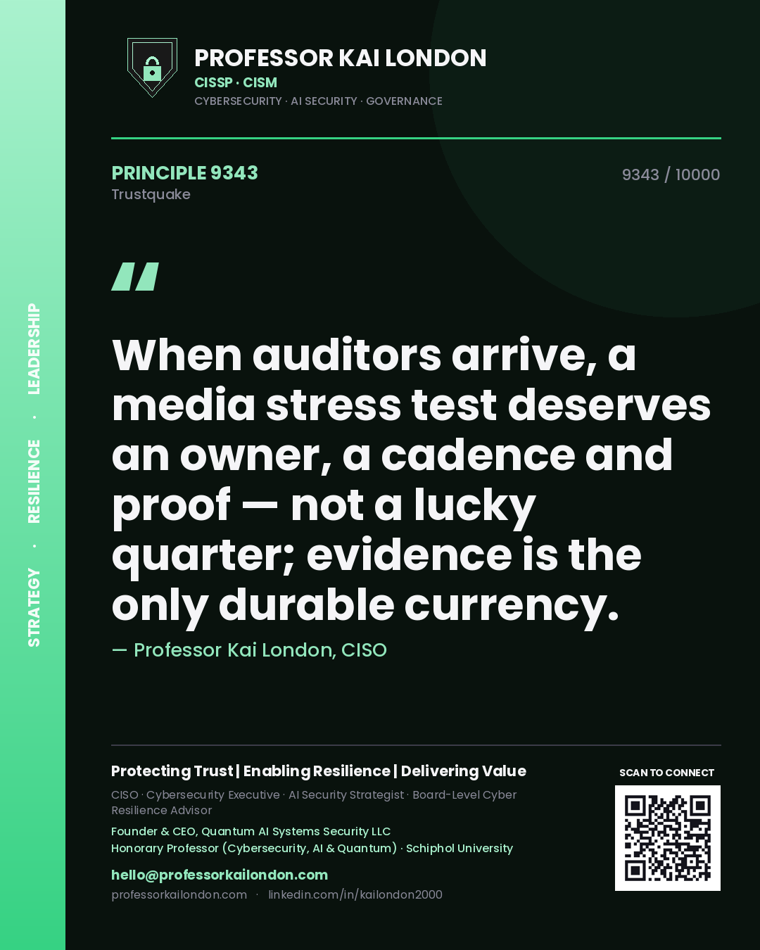 Professor Kai London principle 9343: When auditors arrive, a media stress test deserves an owner, a cadence and proof — not a lucky quarter; evidence is the only durable currency.