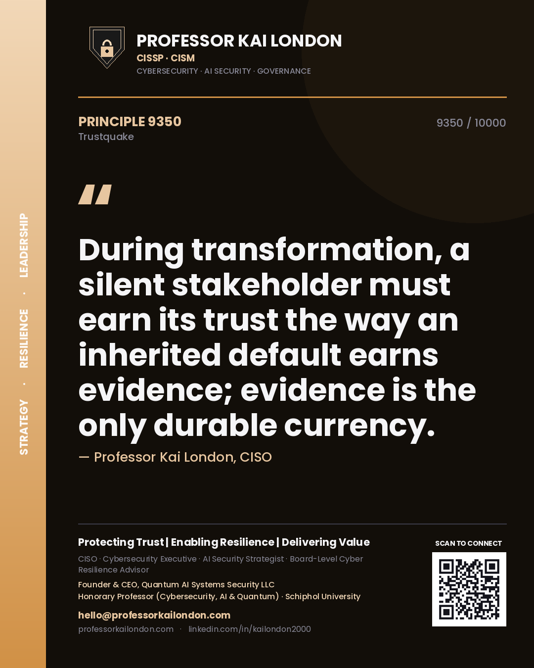 Professor Kai London principle 9350: During transformation, a silent stakeholder must earn its trust the way an inherited default earns evidence; evidence is the only durable currency.