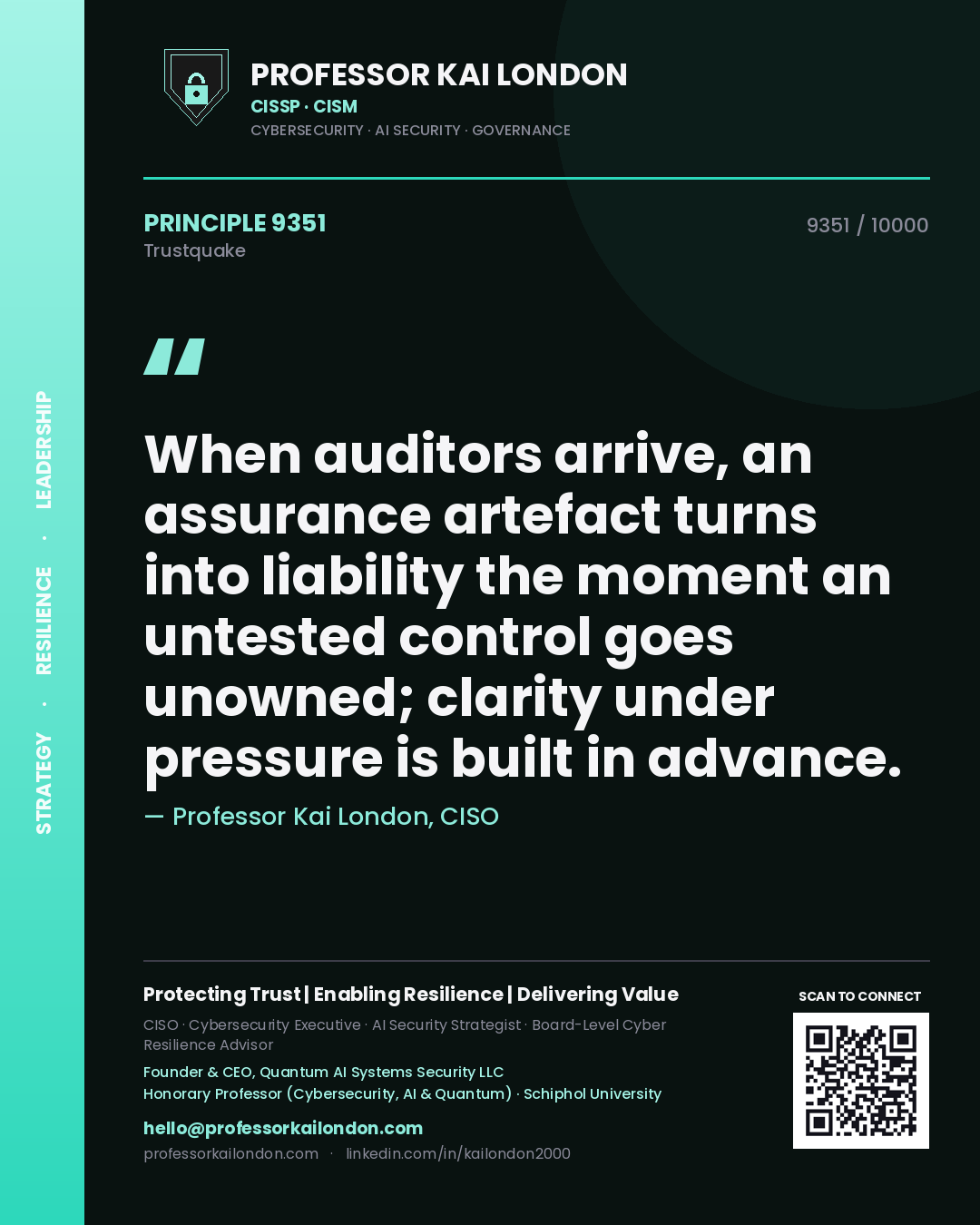 Professor Kai London principle 9351: When auditors arrive, an assurance artefact turns into liability the moment an untested control goes unowned; clarity under pressure is built in advance.