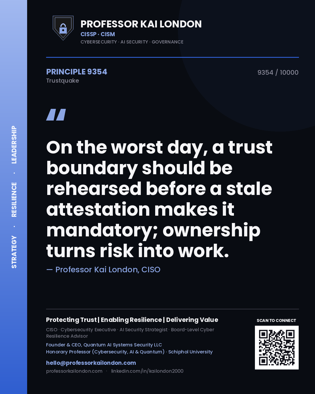 Professor Kai London principle 9354: On the worst day, a trust boundary should be rehearsed before a stale attestation makes it mandatory; ownership turns risk into work.