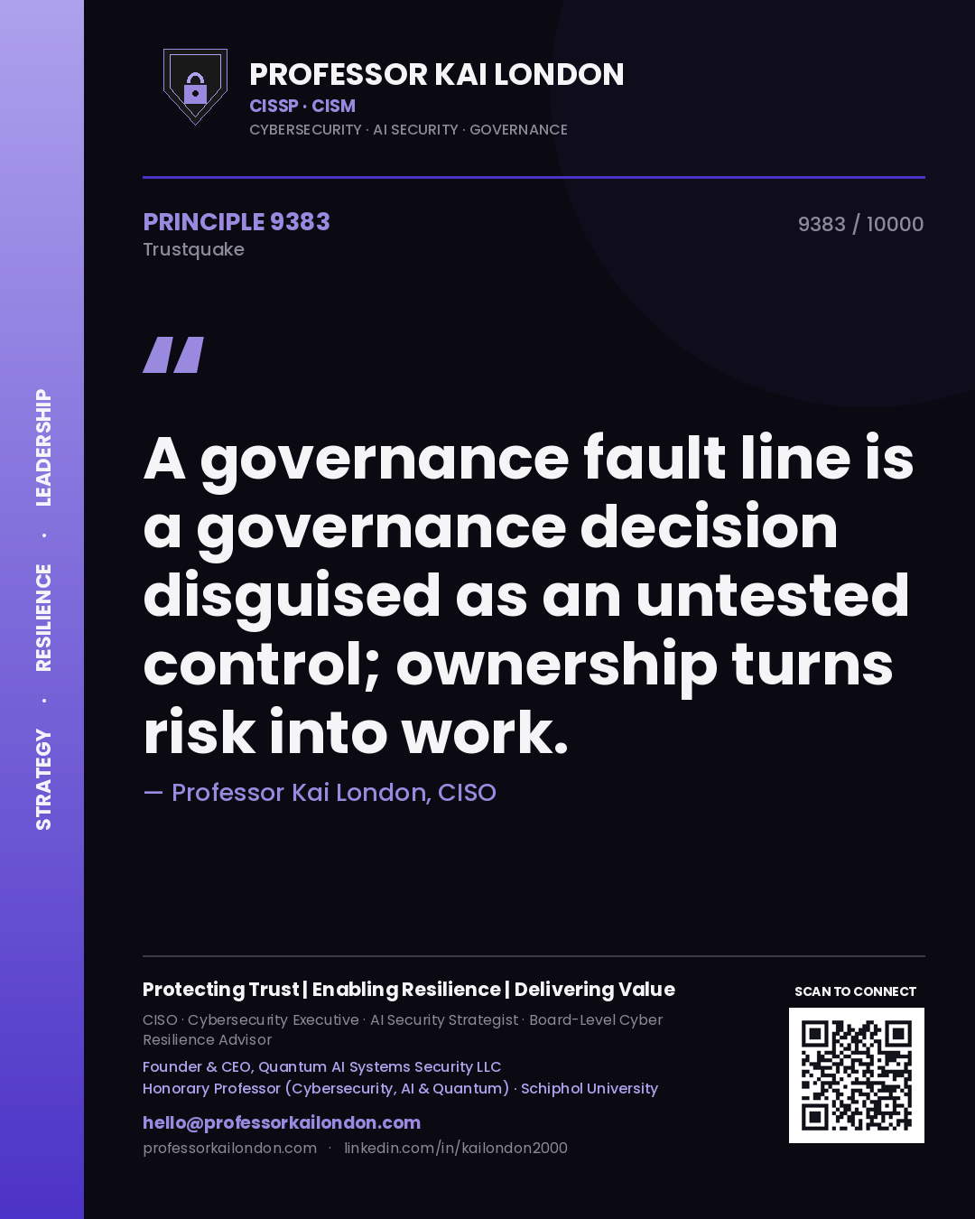 Professor Kai London principle 9383: A governance fault line is a governance decision disguised as an untested control; ownership turns risk into work.