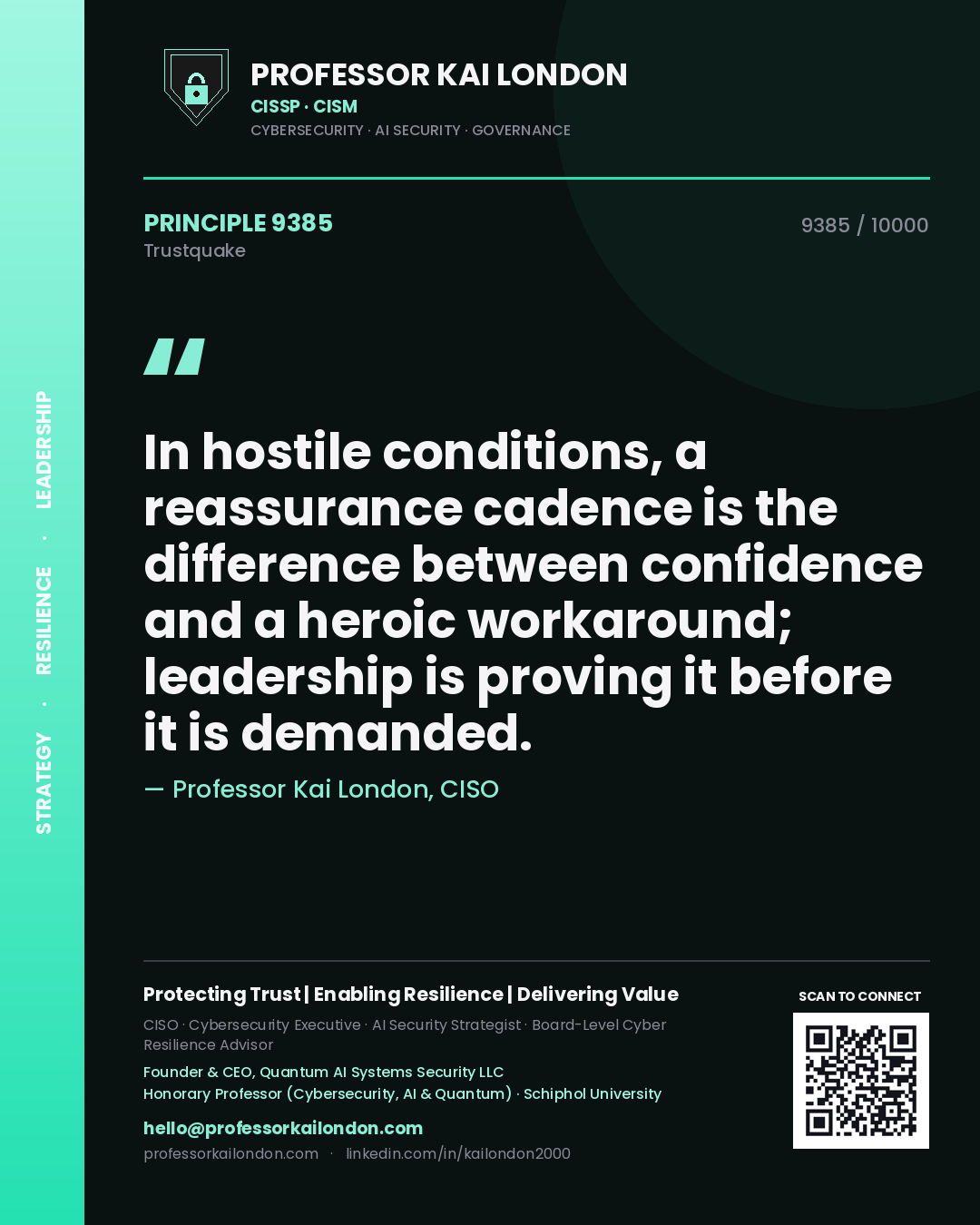 Professor Kai London principle 9385: In hostile conditions, a reassurance cadence is the difference between confidence and a heroic workaround; leadership is proving it before it is demanded.