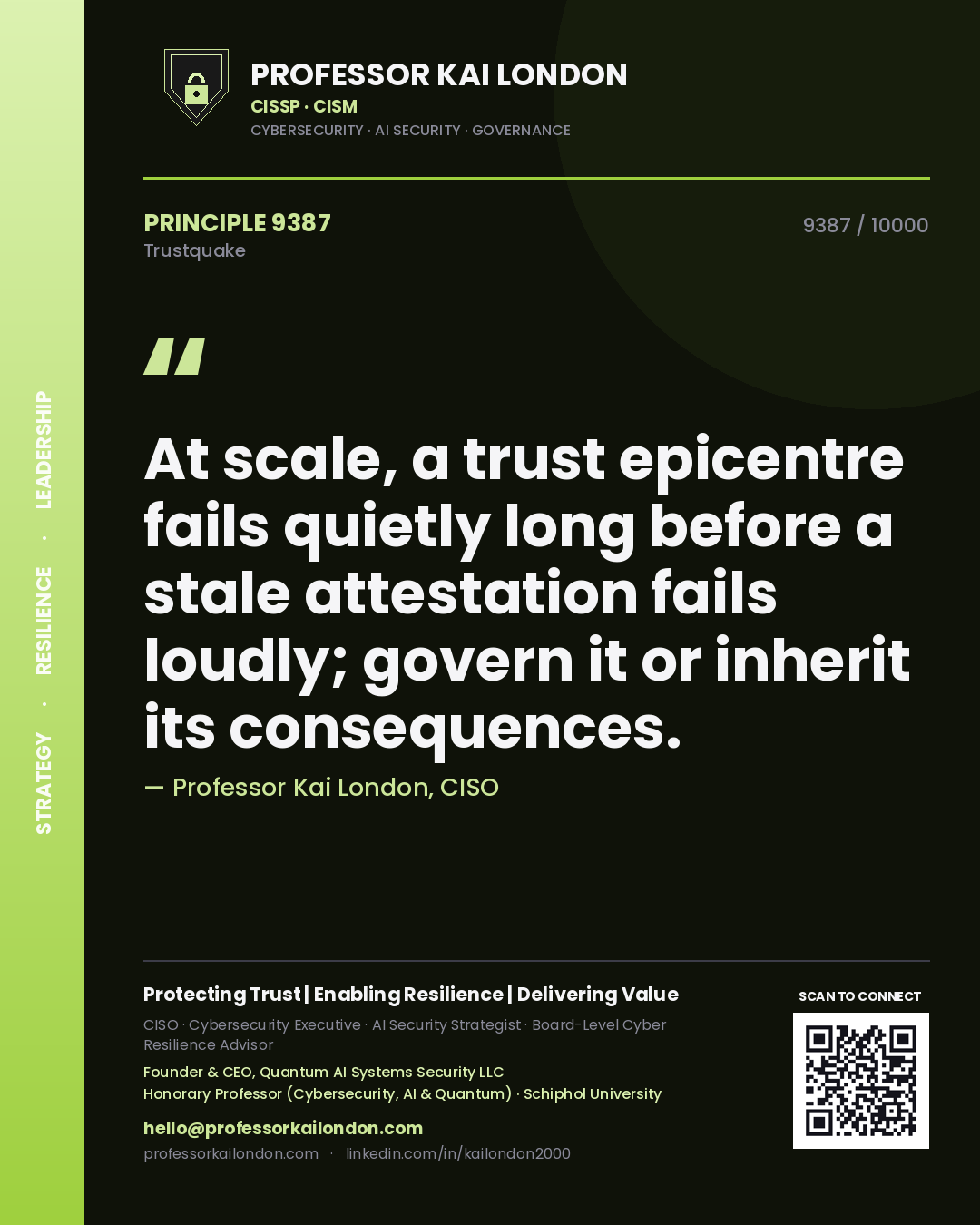Professor Kai London principle 9387: At scale, a trust epicentre fails quietly long before a stale attestation fails loudly; govern it or inherit its consequences.
