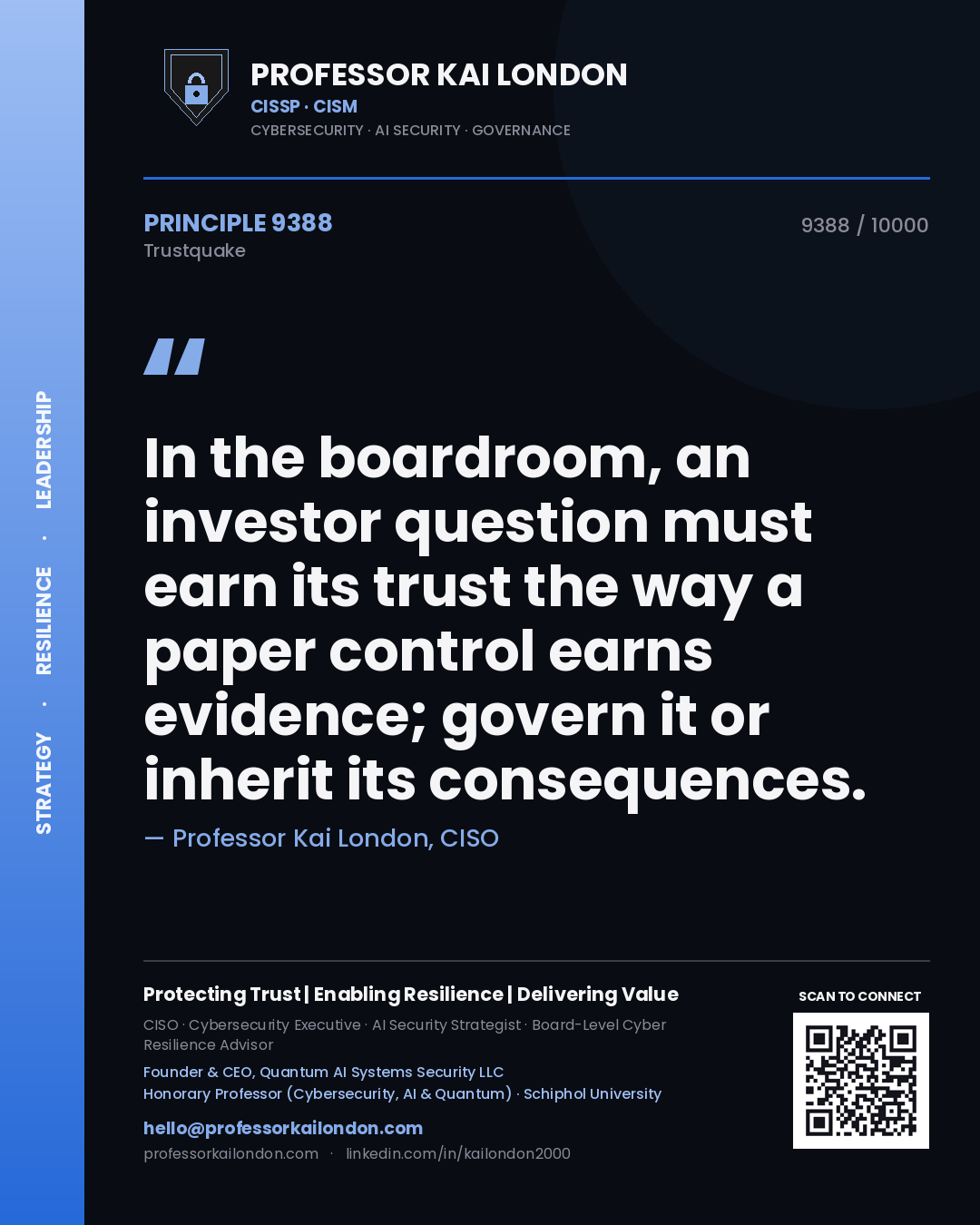 Professor Kai London principle 9388: In the boardroom, an investor question must earn its trust the way a paper control earns evidence; govern it or inherit its consequences.