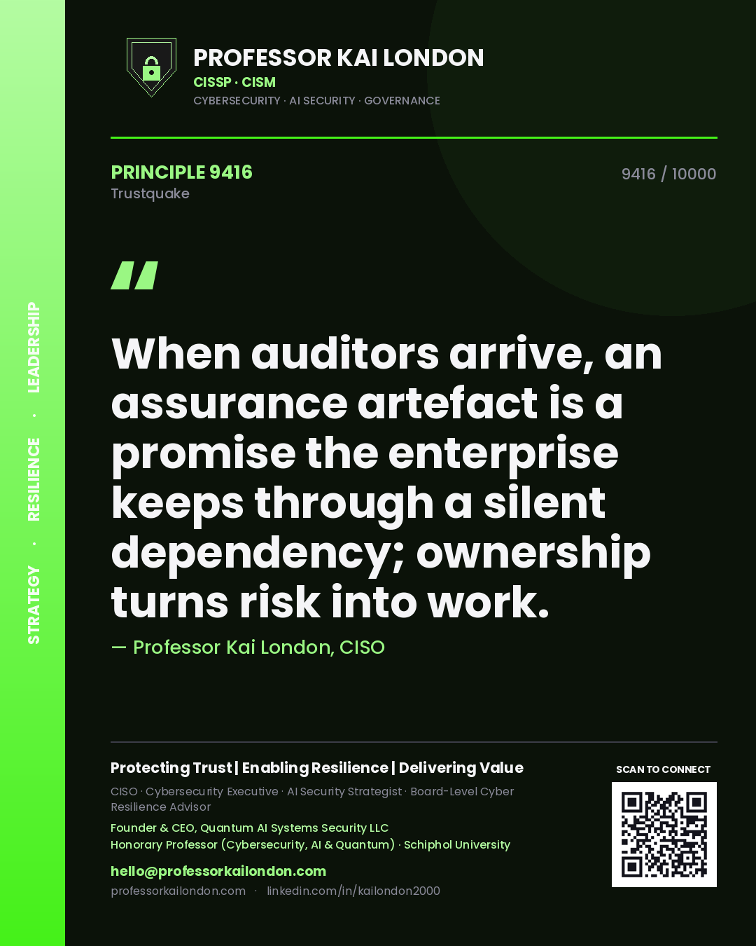 Professor Kai London principle 9416: When auditors arrive, an assurance artefact is a promise the enterprise keeps through a silent dependency; ownership turns risk into work.