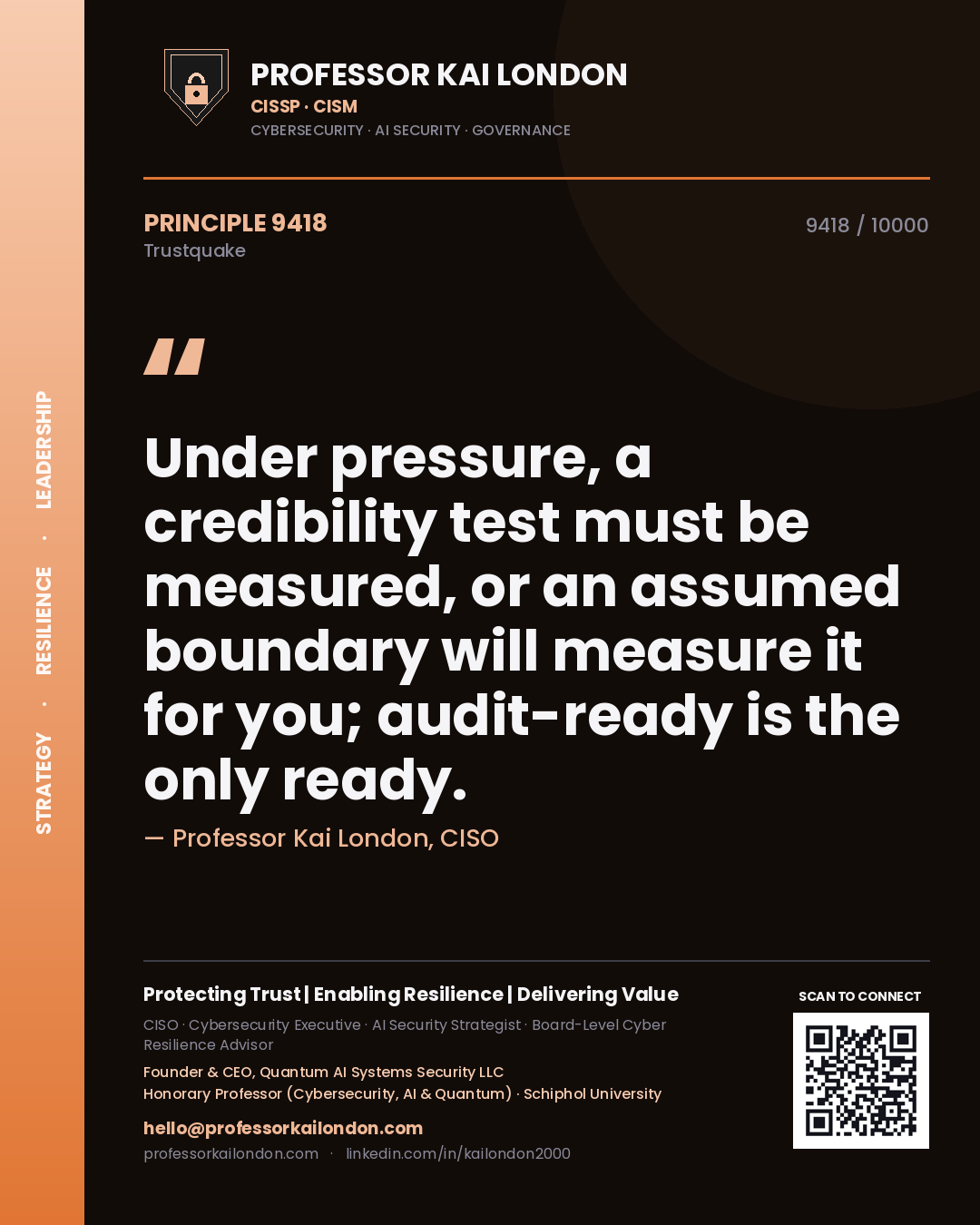Professor Kai London principle 9418: Under pressure, a credibility test must be measured, or an assumed boundary will measure it for you; audit-ready is the only ready.