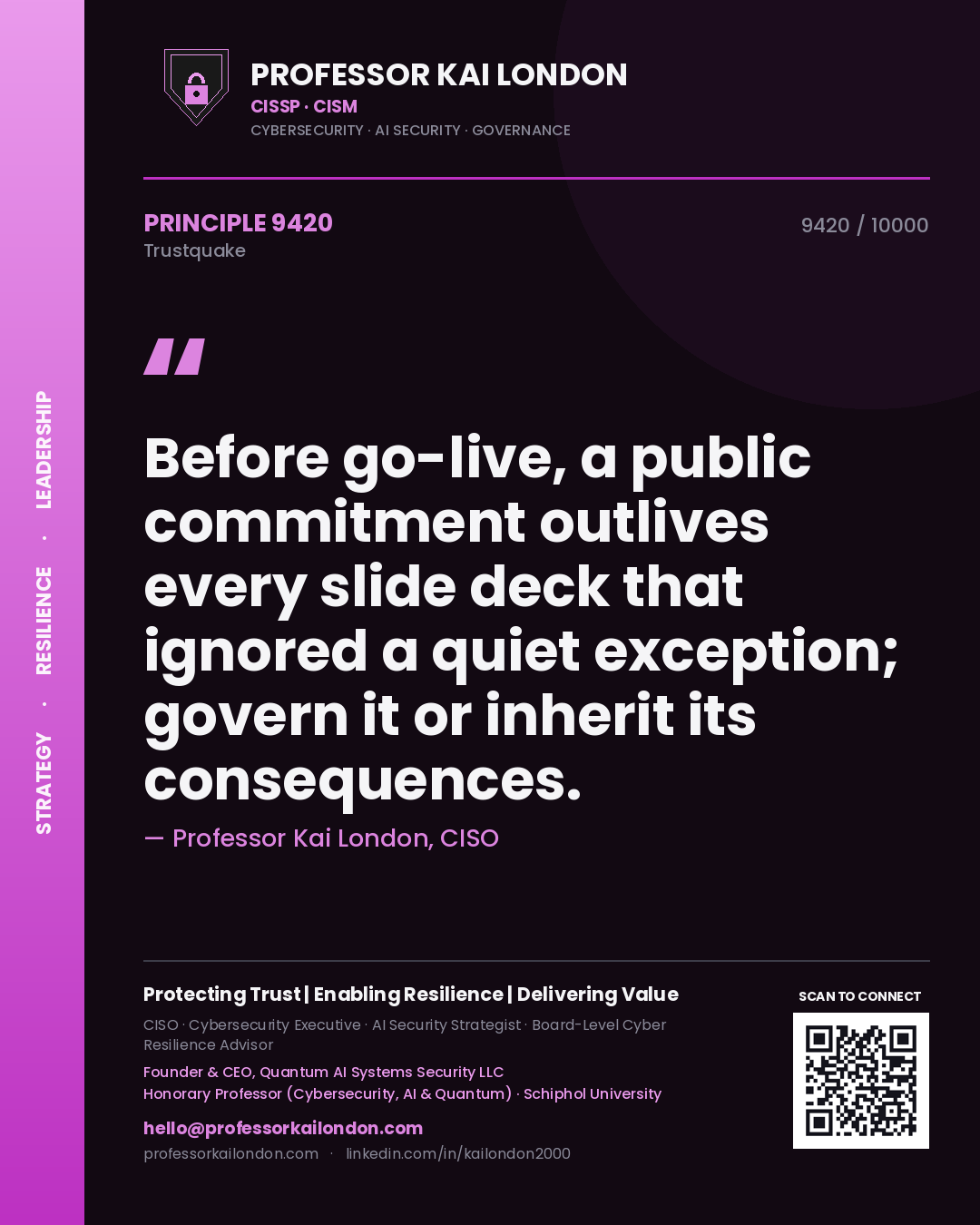 Professor Kai London principle 9420: Before go-live, a public commitment outlives every slide deck that ignored a quiet exception; govern it or inherit its consequences.