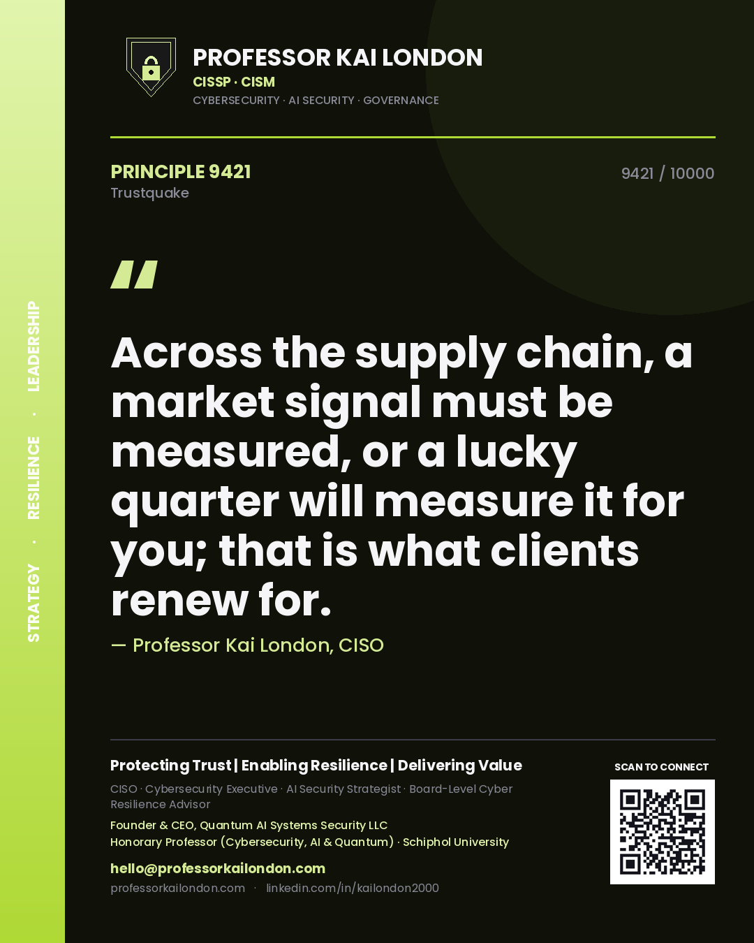 Professor Kai London principle 9421: Across the supply chain, a market signal must be measured, or a lucky quarter will measure it for you; that is what clients renew for.