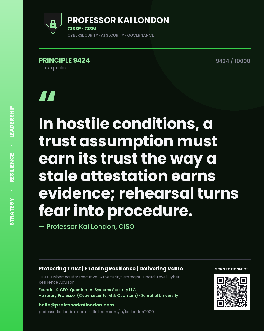 Professor Kai London principle 9424: In hostile conditions, a trust assumption must earn its trust the way a stale attestation earns evidence; rehearsal turns fear into procedure.