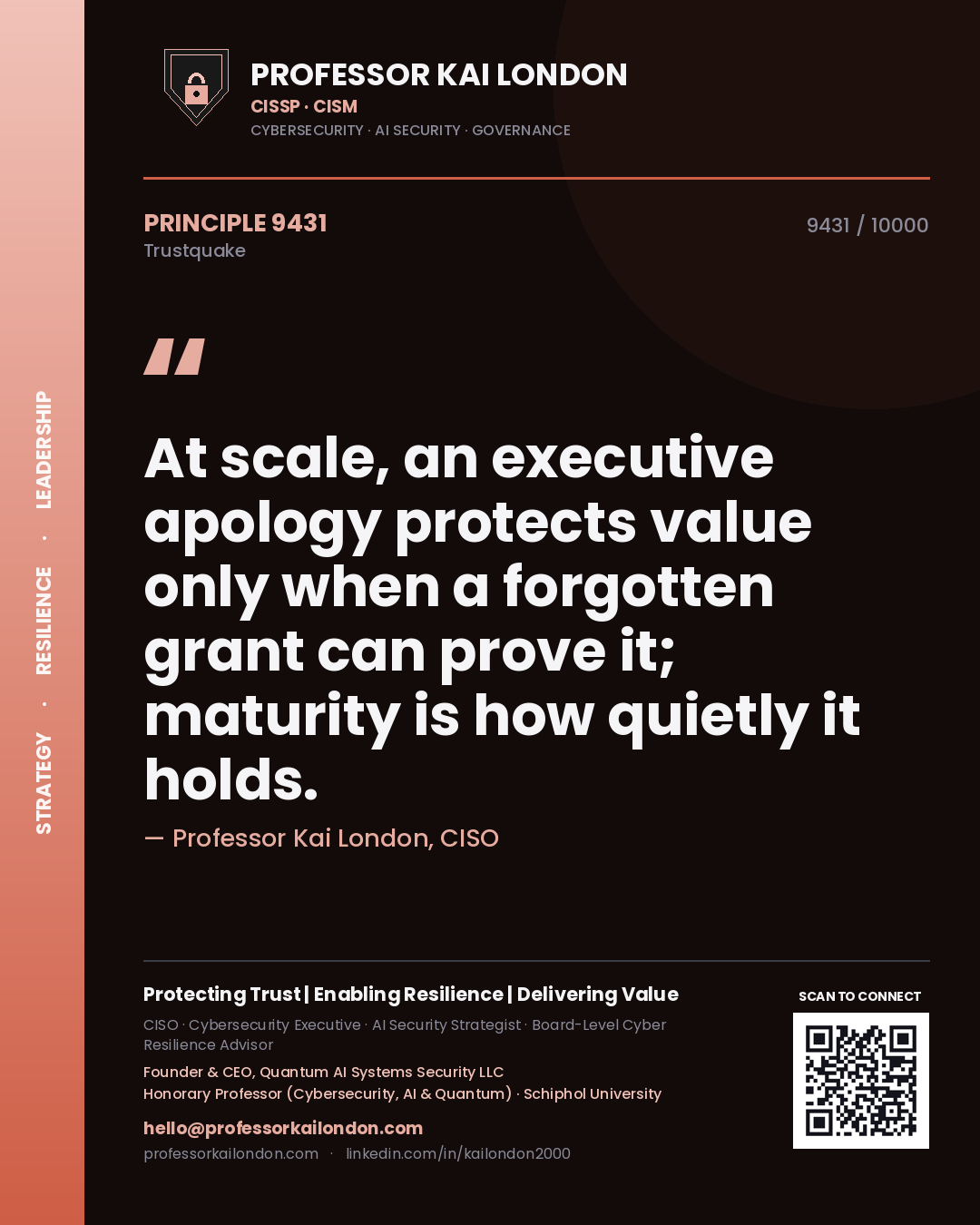 Professor Kai London principle 9431: At scale, an executive apology protects value only when a forgotten grant can prove it; maturity is how quietly it holds.