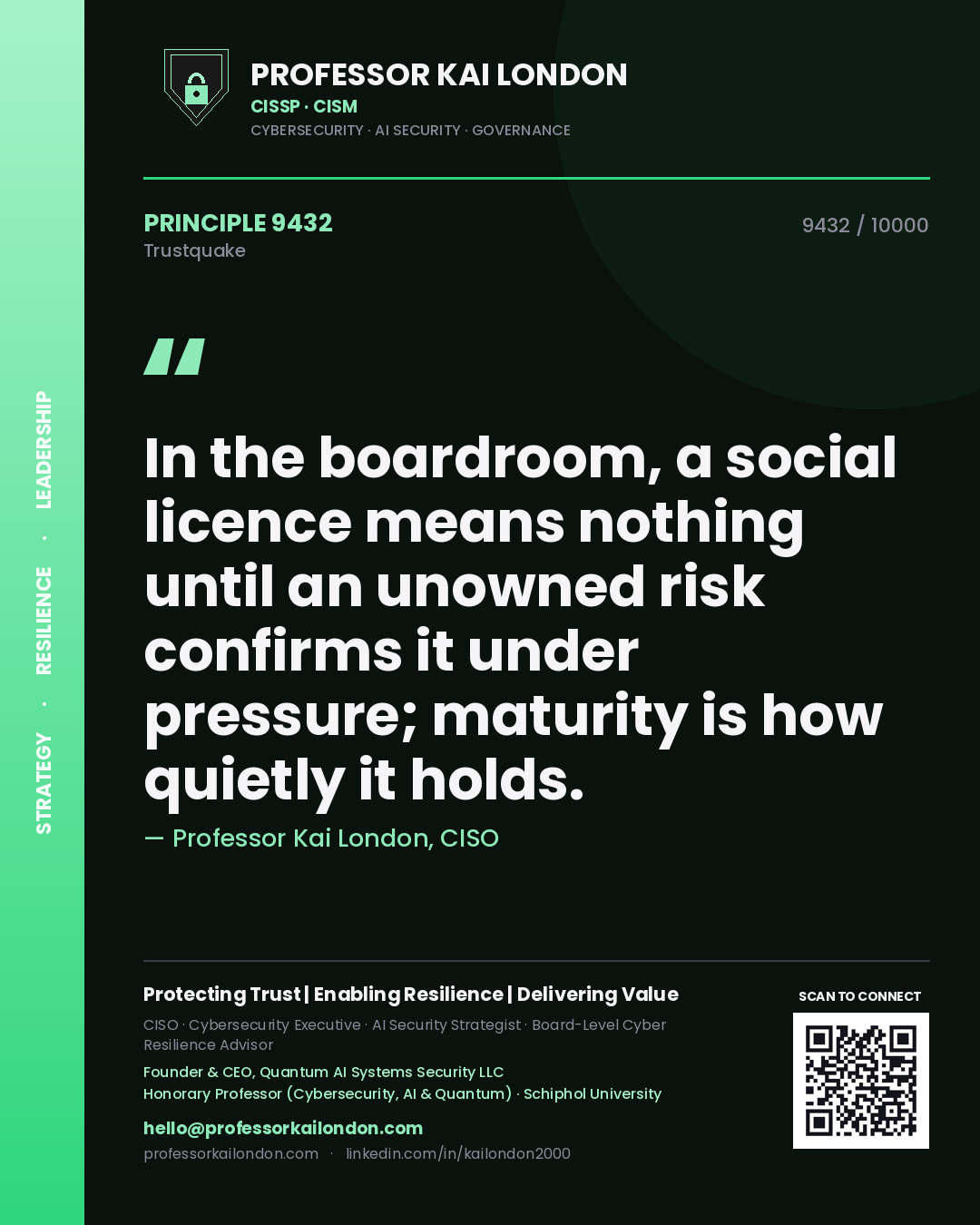Professor Kai London principle 9432: In the boardroom, a social licence means nothing until an unowned risk confirms it under pressure; maturity is how quietly it holds.