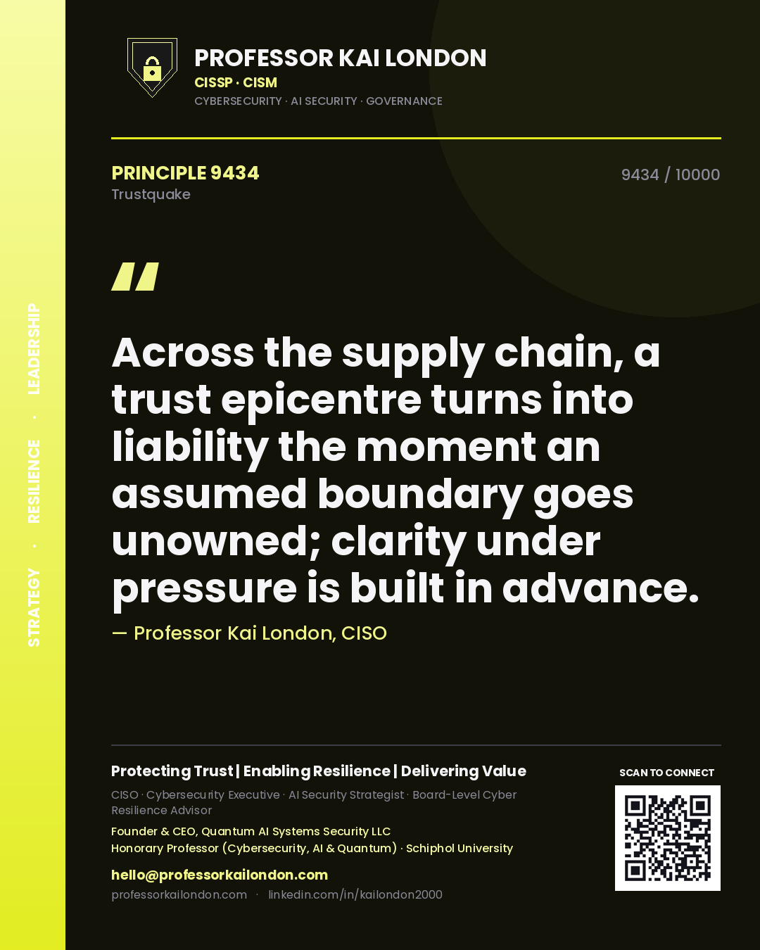Professor Kai London principle 9434: Across the supply chain, a trust epicentre turns into liability the moment an assumed boundary goes unowned; clarity under pressure is built in advance.