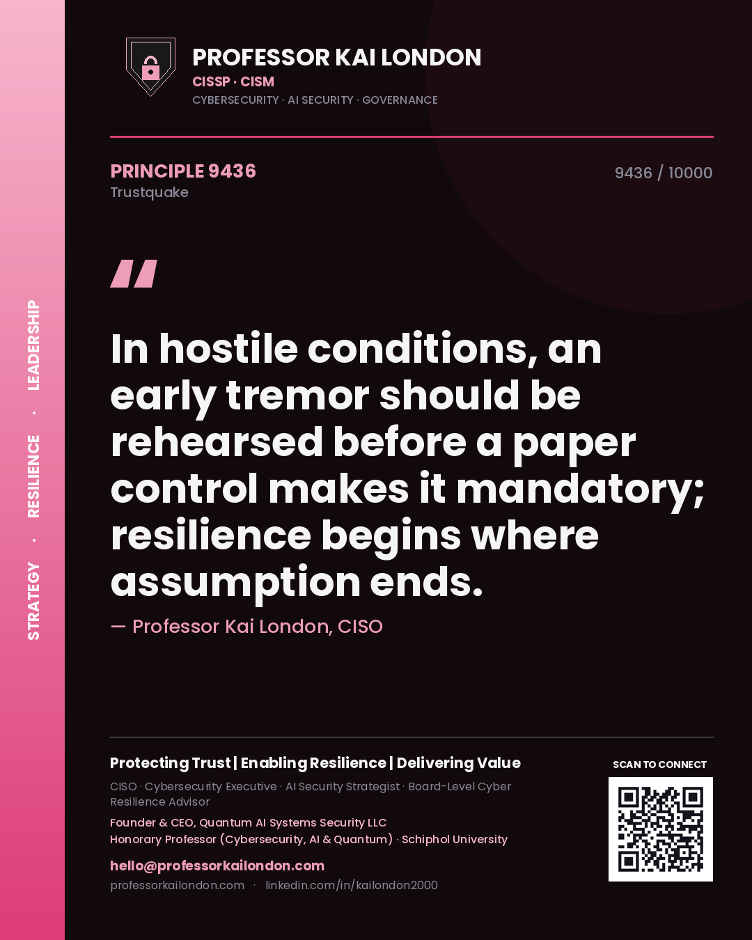 Professor Kai London principle 9436: In hostile conditions, an early tremor should be rehearsed before a paper control makes it mandatory; resilience begins where assumption ends.