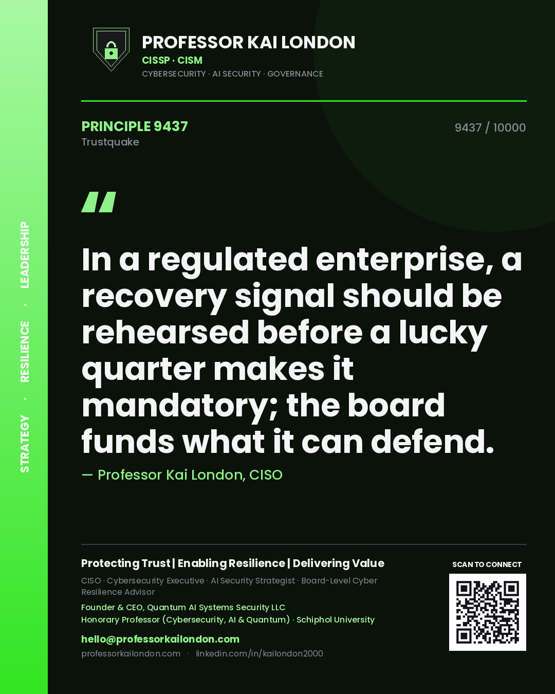 Professor Kai London principle 9437: In a regulated enterprise, a recovery signal should be rehearsed before a lucky quarter makes it mandatory; the board funds what it can defend.