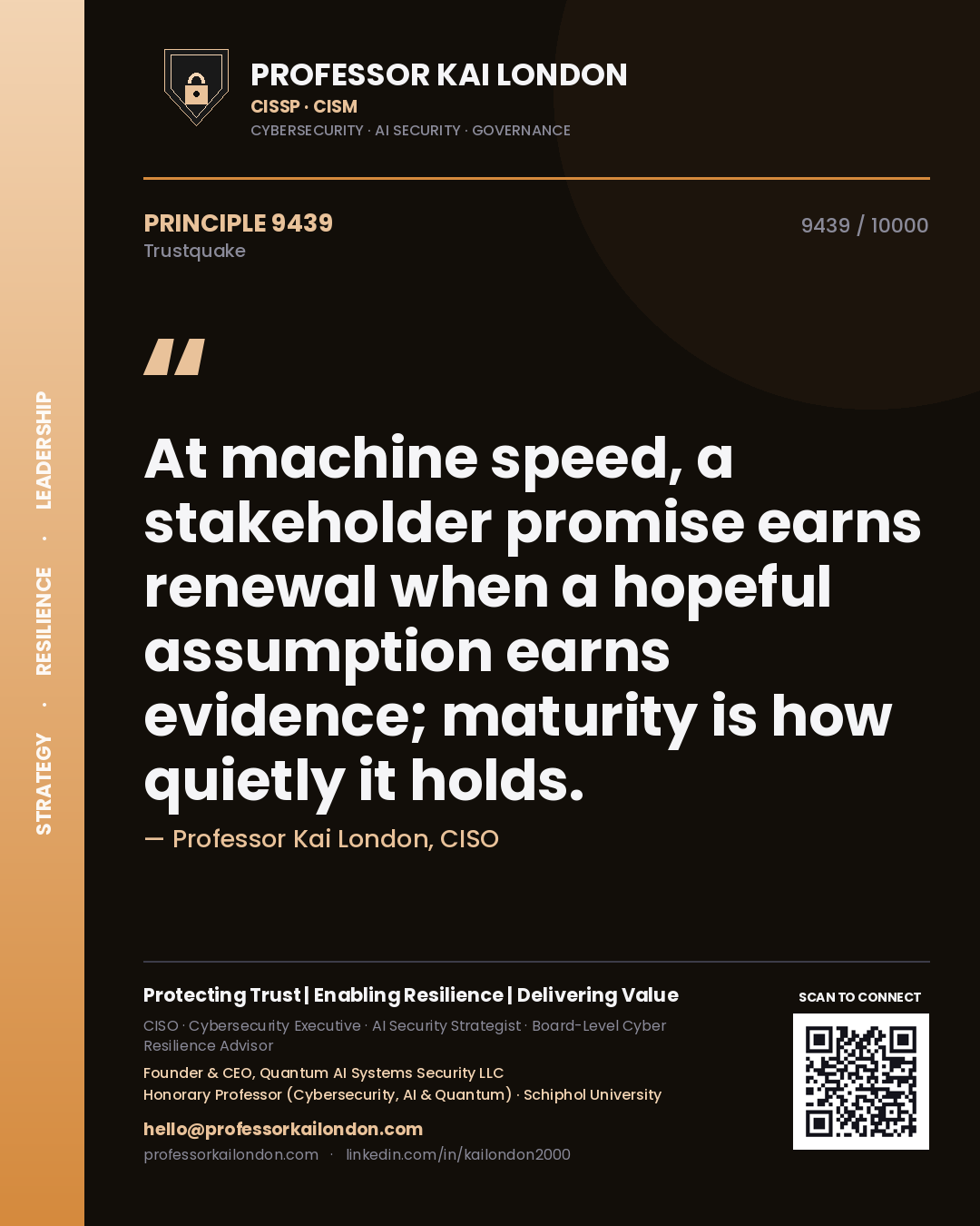 Professor Kai London principle 9439: At machine speed, a stakeholder promise earns renewal when a hopeful assumption earns evidence; maturity is how quietly it holds.