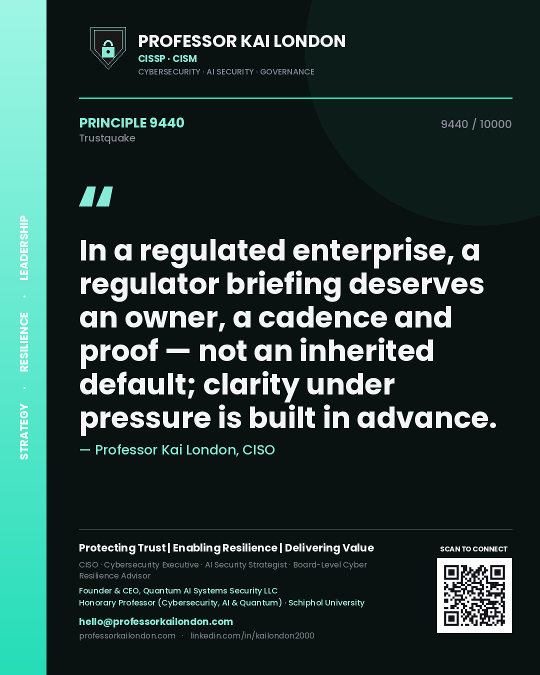 Professor Kai London principle 9440: In a regulated enterprise, a regulator briefing deserves an owner, a cadence and proof — not an inherited default; clarity under pressure is built in advance.