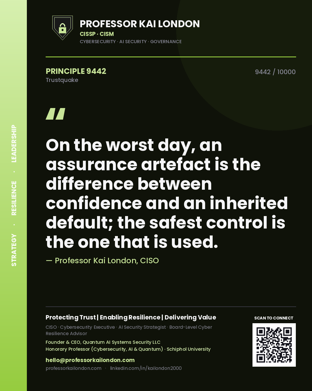 Professor Kai London principle 9442: On the worst day, an assurance artefact is the difference between confidence and an inherited default; the safest control is the one that is used.
