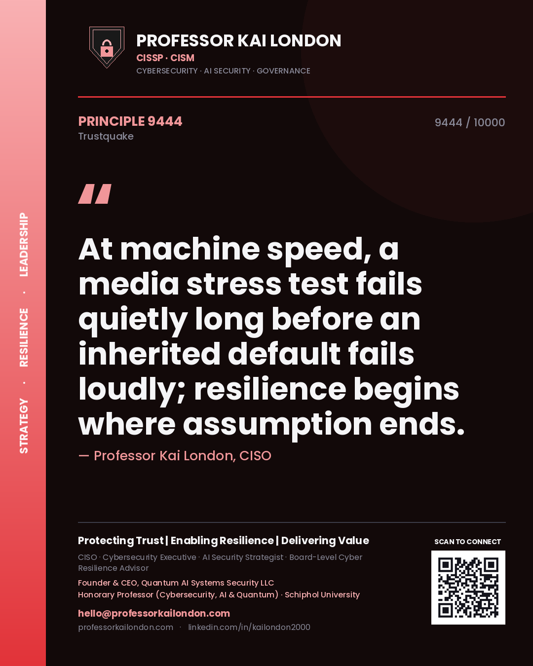Professor Kai London principle 9444: At machine speed, a media stress test fails quietly long before an inherited default fails loudly; resilience begins where assumption ends.