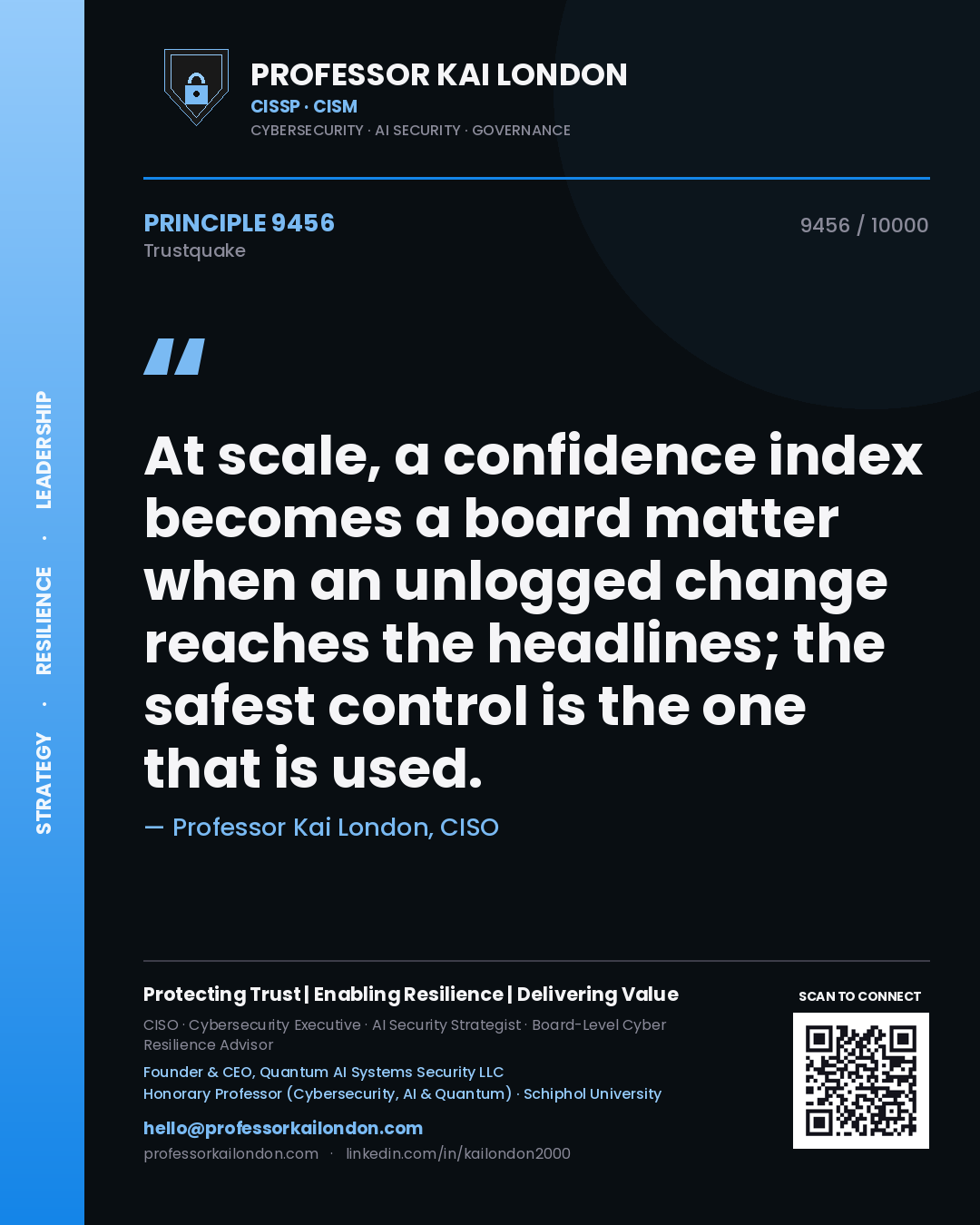 Professor Kai London principle 9456: At scale, a confidence index becomes a board matter when an unlogged change reaches the headlines; the safest control is the one that is used.