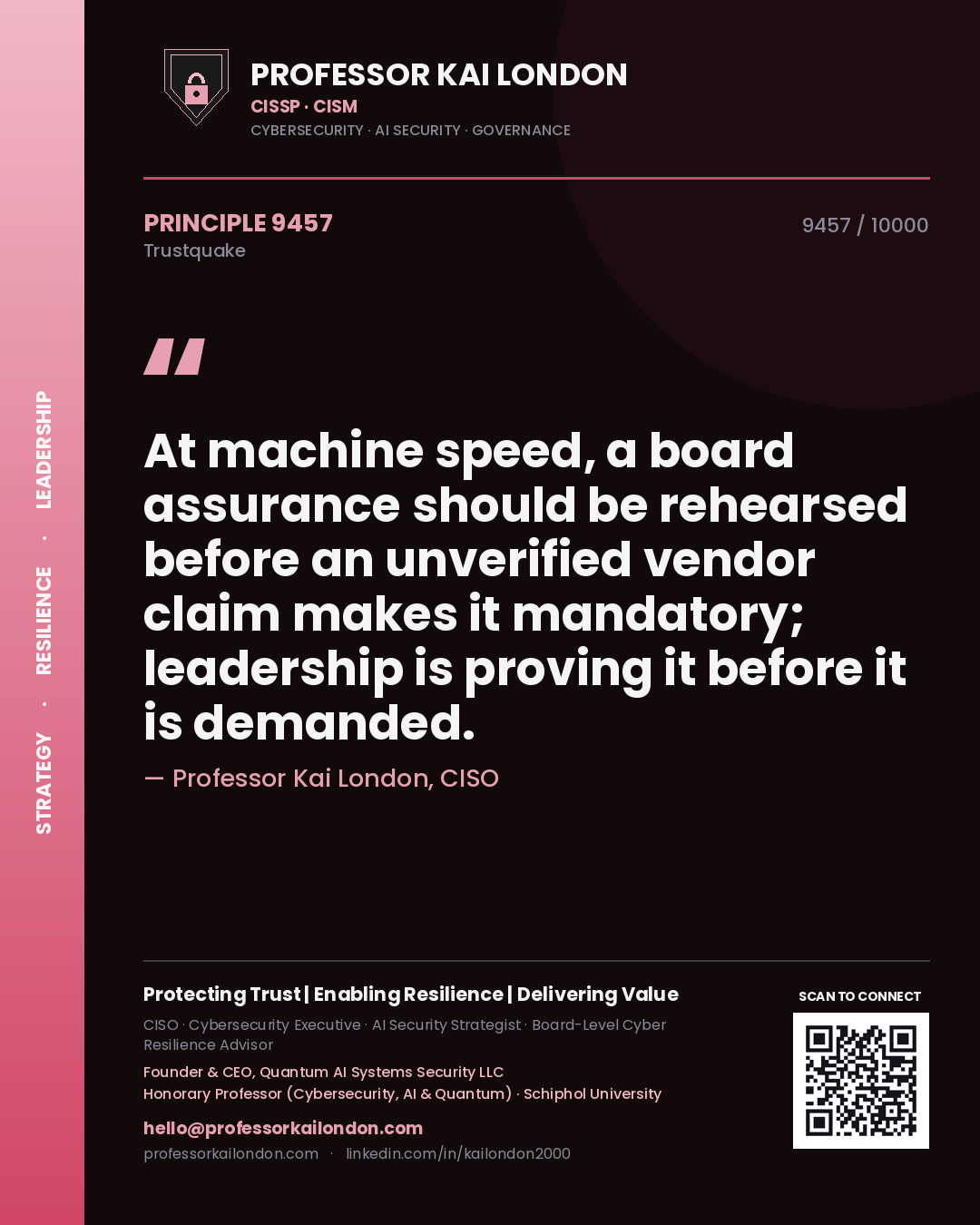 Professor Kai London principle 9457: At machine speed, a board assurance should be rehearsed before an unverified vendor claim makes it mandatory; leadership is proving it before it is demanded.