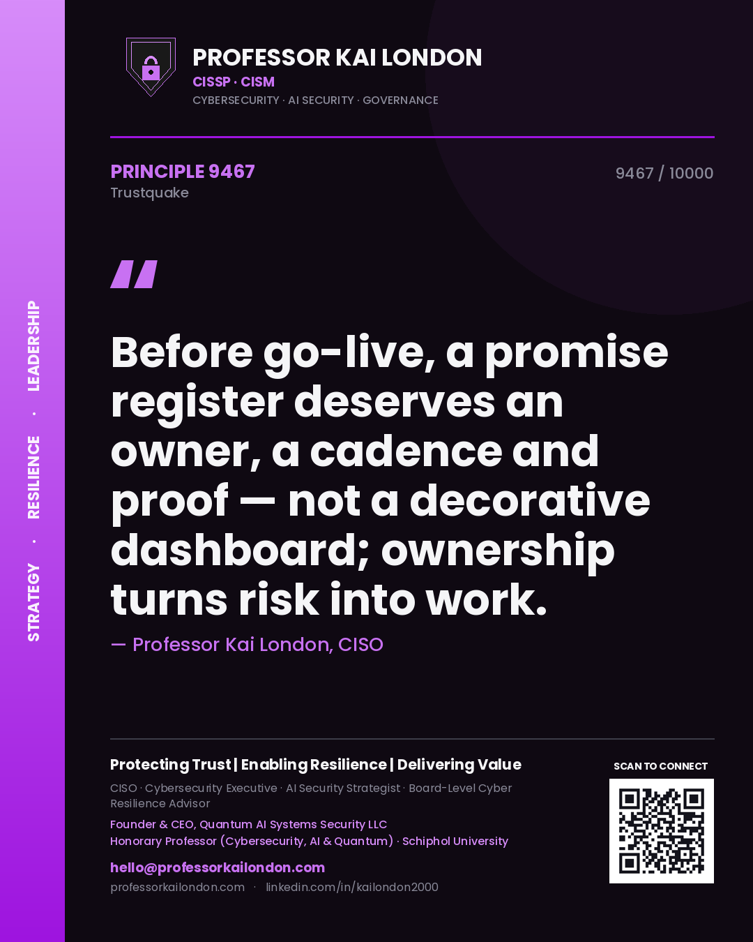 Professor Kai London principle 9467: Before go-live, a promise register deserves an owner, a cadence and proof — not a decorative dashboard; ownership turns risk into work.