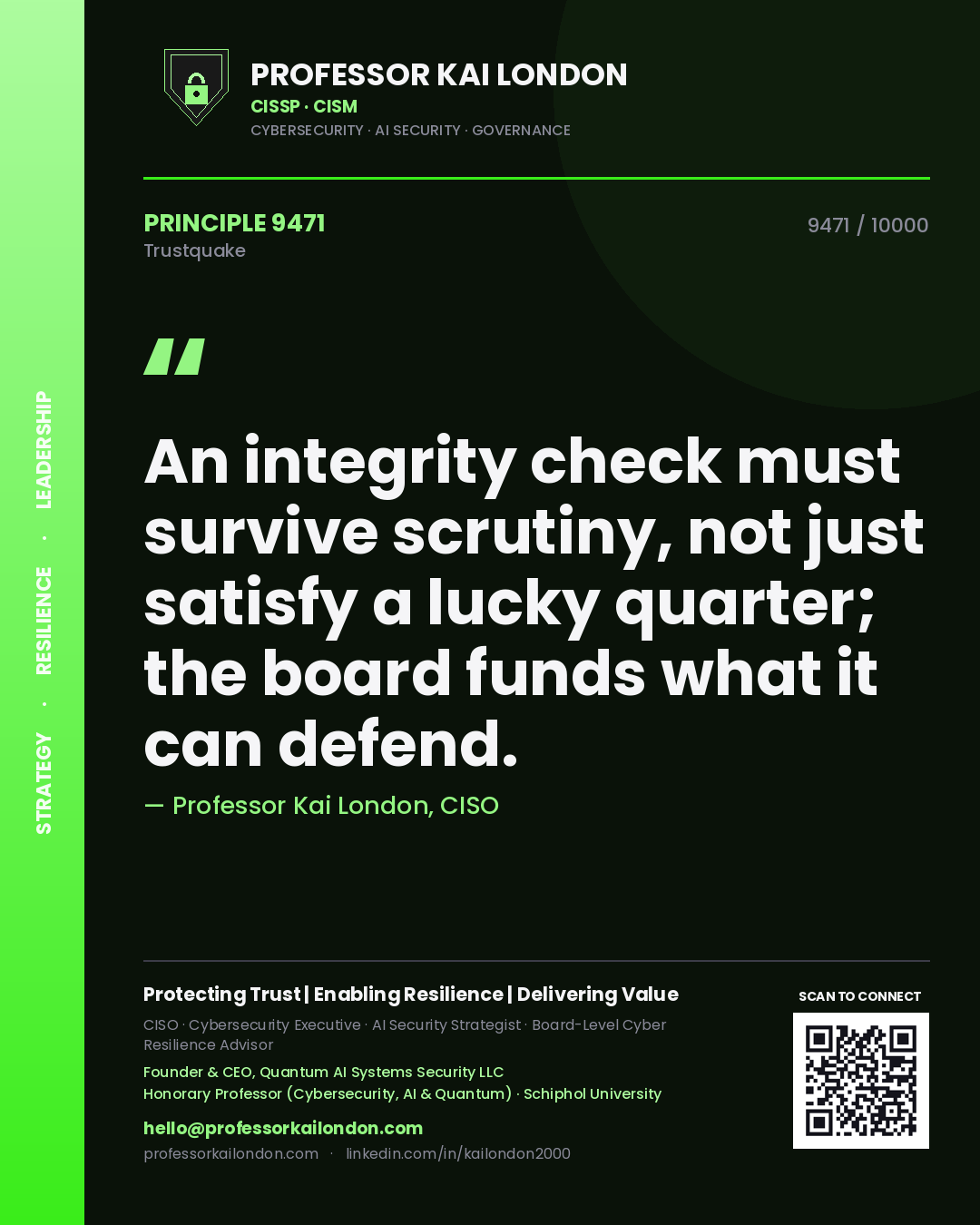 Professor Kai London principle 9471: An integrity check must survive scrutiny, not just satisfy a lucky quarter; the board funds what it can defend.