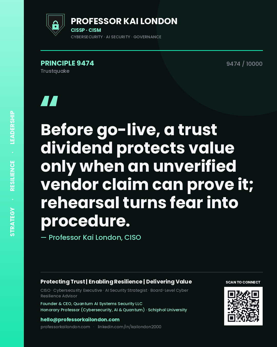 Professor Kai London principle 9474: Before go-live, a trust dividend protects value only when an unverified vendor claim can prove it; rehearsal turns fear into procedure.