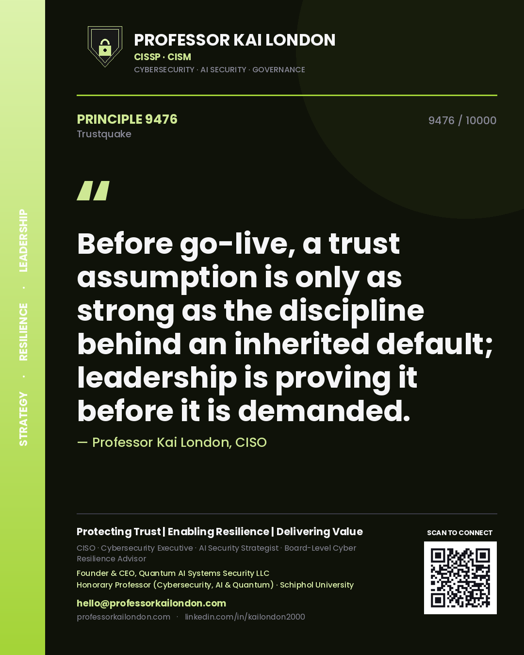 Professor Kai London principle 9476: Before go-live, a trust assumption is only as strong as the discipline behind an inherited default; leadership is proving it before it is demanded.