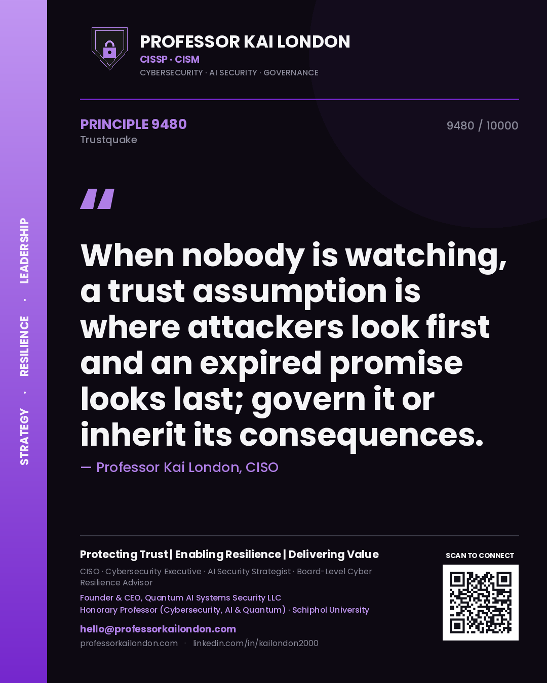 Professor Kai London principle 9480: When nobody is watching, a trust assumption is where attackers look first and an expired promise looks last; govern it or inherit its consequences.