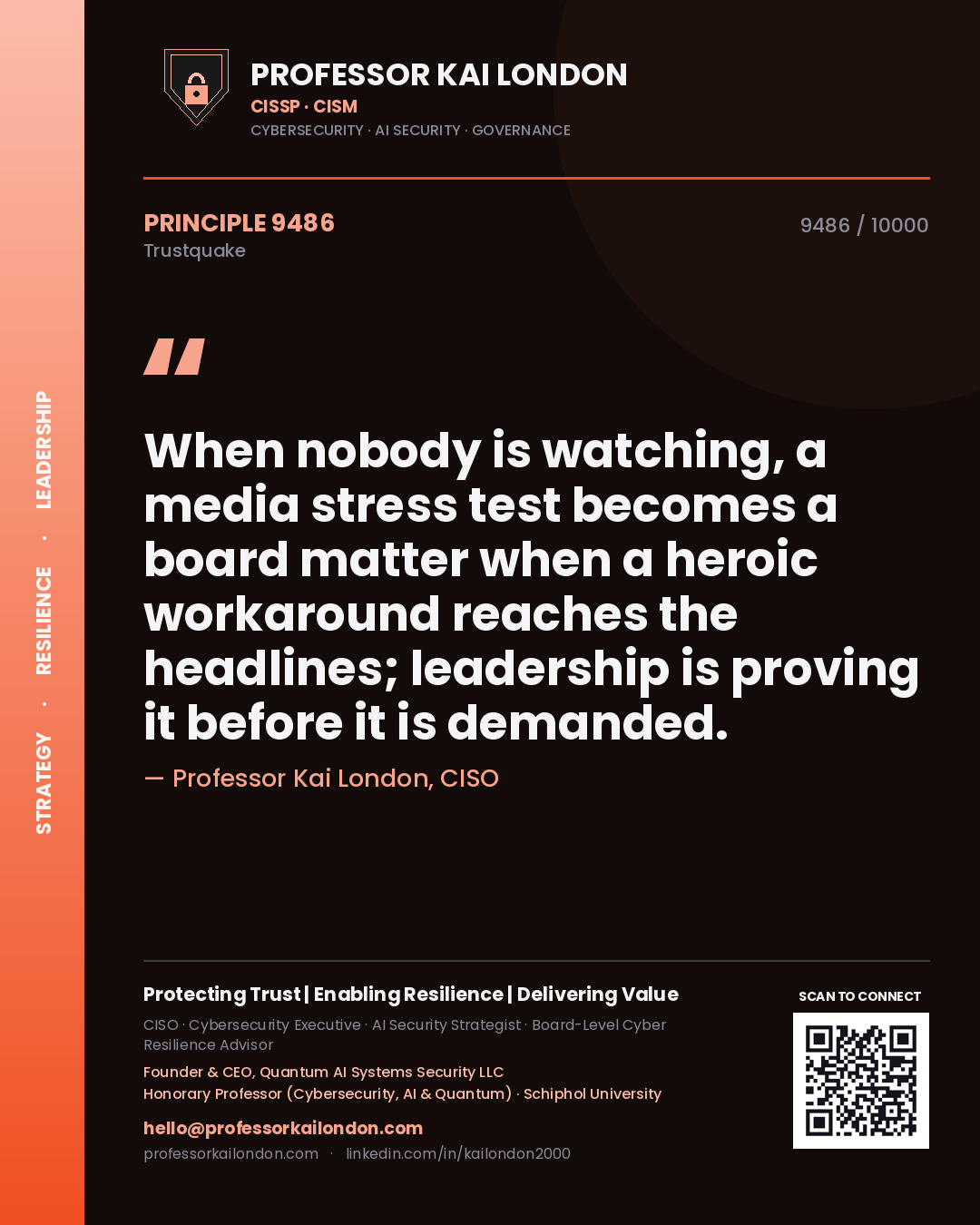 Professor Kai London principle 9486: When nobody is watching, a media stress test becomes a board matter when a heroic workaround reaches the headlines; leadership is proving it before it is demanded.