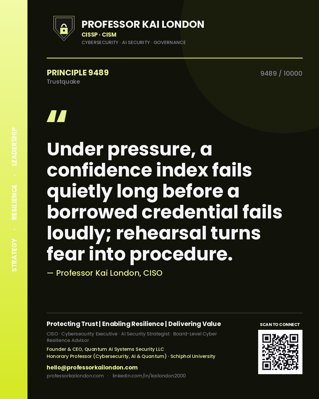 Professor Kai London principle 9489: Under pressure, a confidence index fails quietly long before a borrowed credential fails loudly; rehearsal turns fear into procedure.