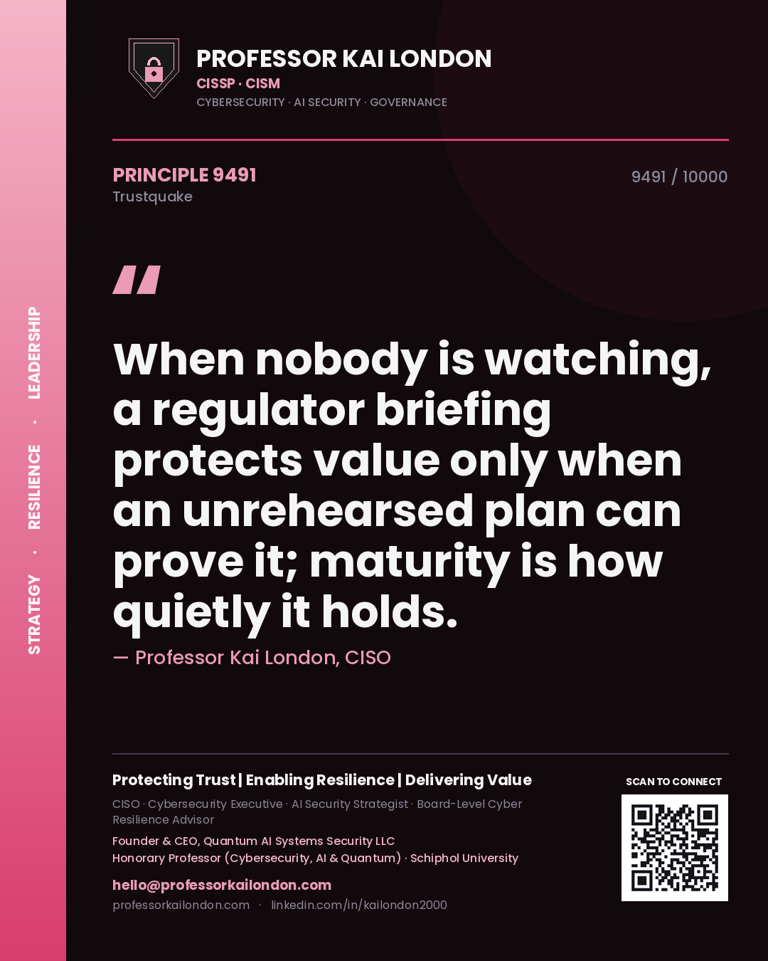 Professor Kai London principle 9491: When nobody is watching, a regulator briefing protects value only when an unrehearsed plan can prove it; maturity is how quietly it holds.