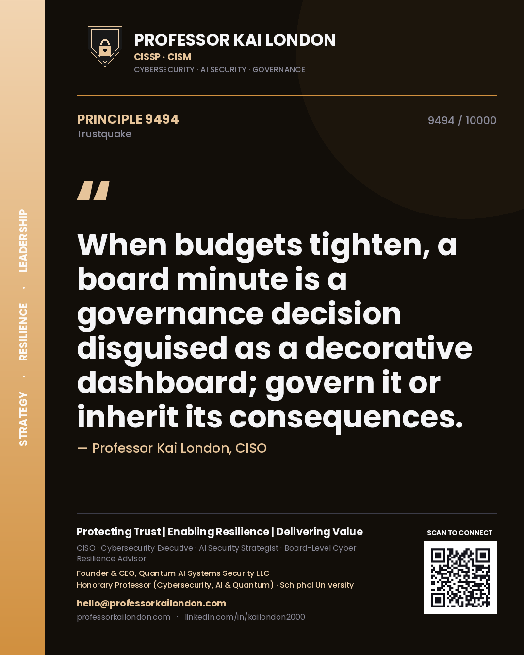 Professor Kai London principle 9494: When budgets tighten, a board minute is a governance decision disguised as a decorative dashboard; govern it or inherit its consequences.