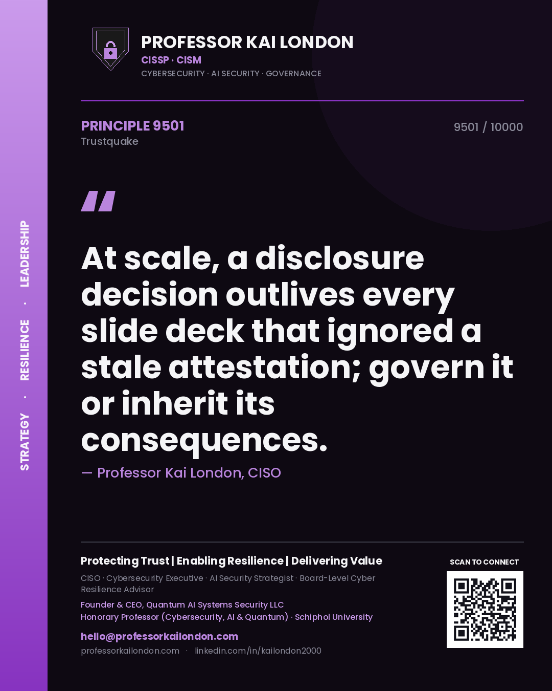 Professor Kai London principle 9501: At scale, a disclosure decision outlives every slide deck that ignored a stale attestation; govern it or inherit its consequences.
