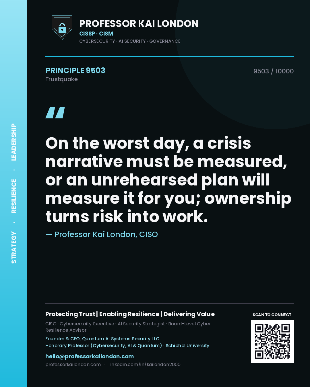 Professor Kai London principle 9503: On the worst day, a crisis narrative must be measured, or an unrehearsed plan will measure it for you; ownership turns risk into work.