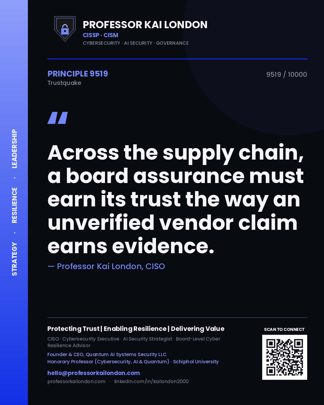 Professor Kai London principle 9519: Across the supply chain, a board assurance must earn its trust the way an unverified vendor claim earns evidence.