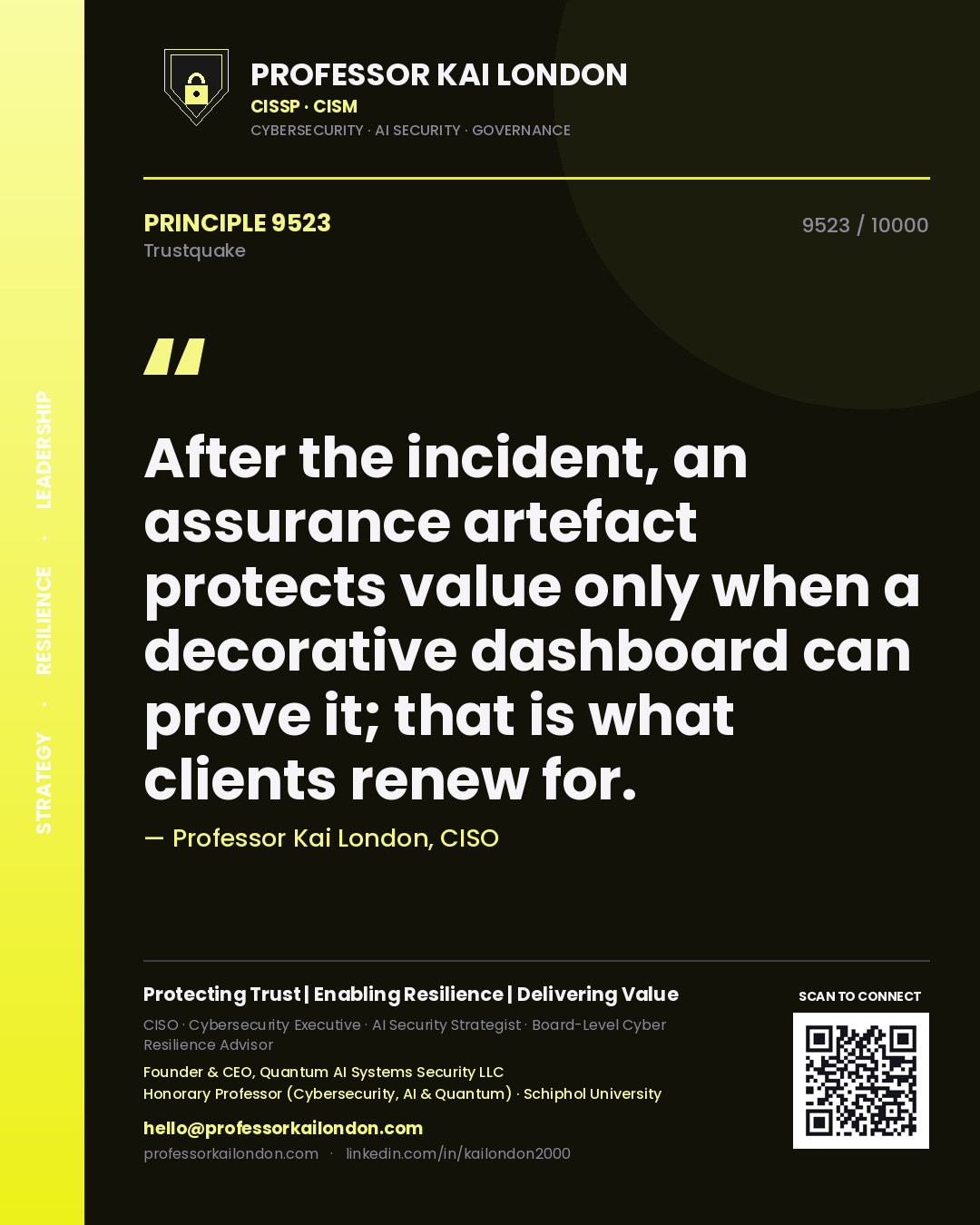 Professor Kai London principle 9523: After the incident, an assurance artefact protects value only when a decorative dashboard can prove it; that is what clients renew for.