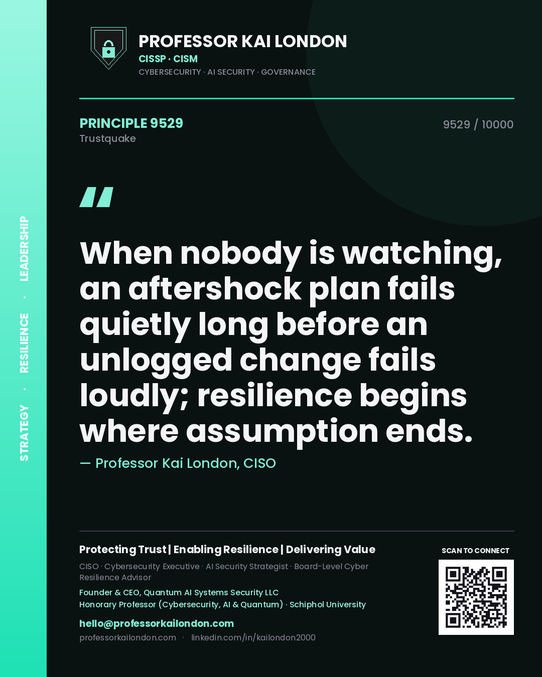 Professor Kai London principle 9529: When nobody is watching, an aftershock plan fails quietly long before an unlogged change fails loudly; resilience begins where assumption ends.