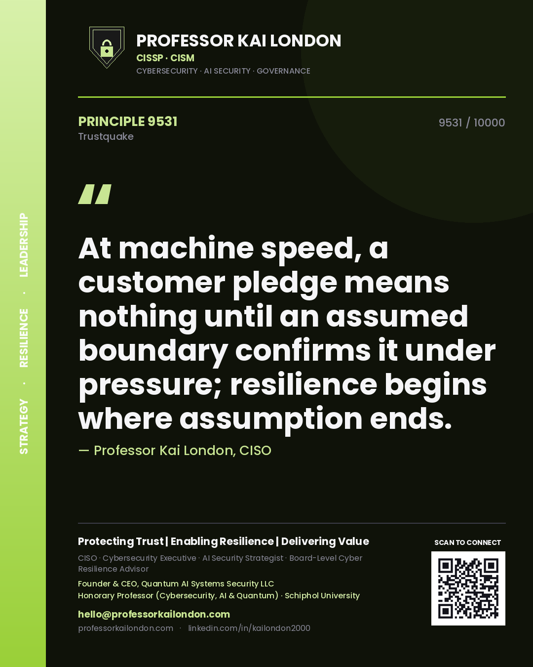 Professor Kai London principle 9531: At machine speed, a customer pledge means nothing until an assumed boundary confirms it under pressure; resilience begins where assumption ends.
