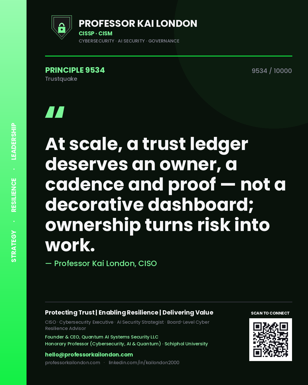 Professor Kai London principle 9534: At scale, a trust ledger deserves an owner, a cadence and proof — not a decorative dashboard; ownership turns risk into work.