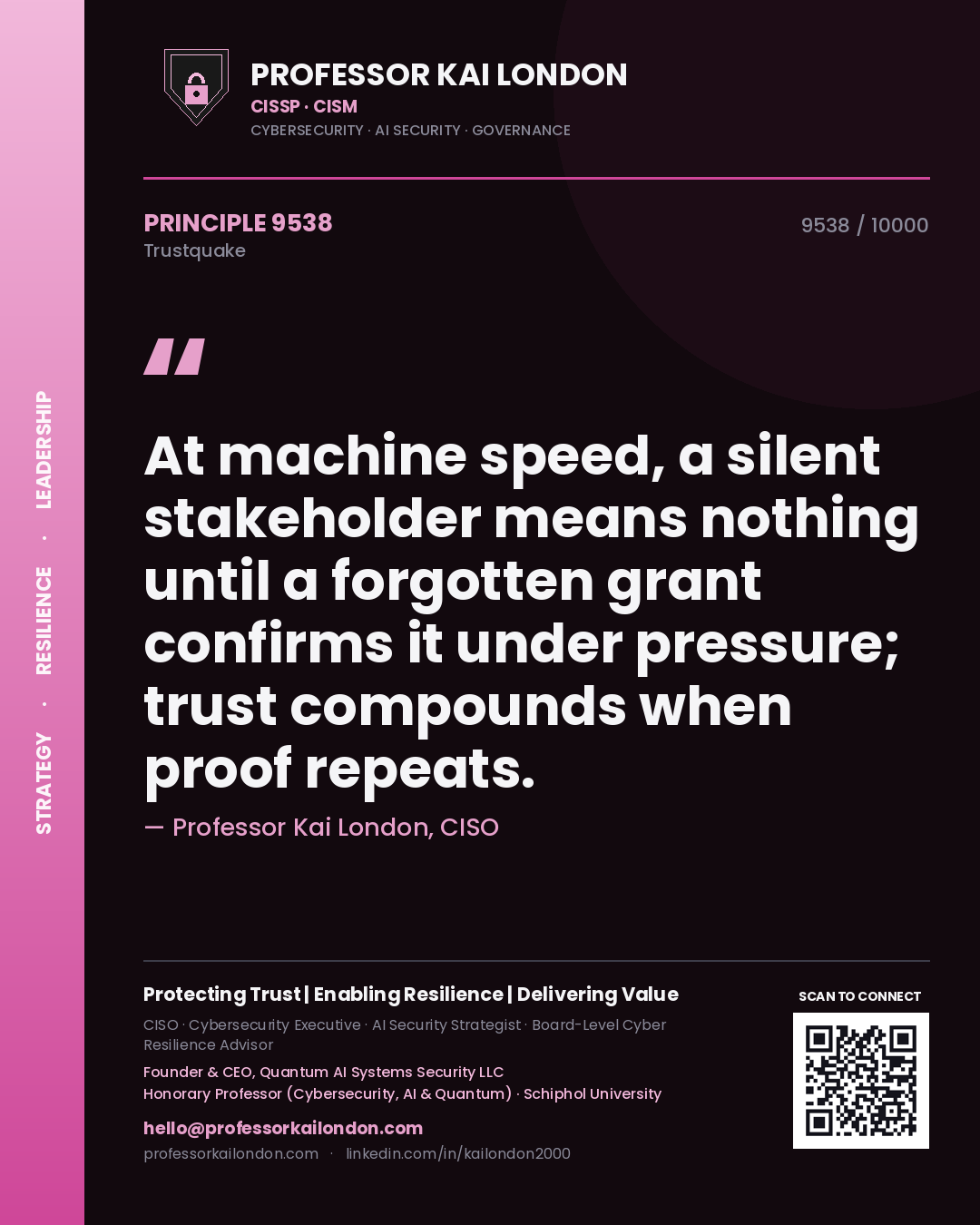 Professor Kai London principle 9538: At machine speed, a silent stakeholder means nothing until a forgotten grant confirms it under pressure; trust compounds when proof repeats.