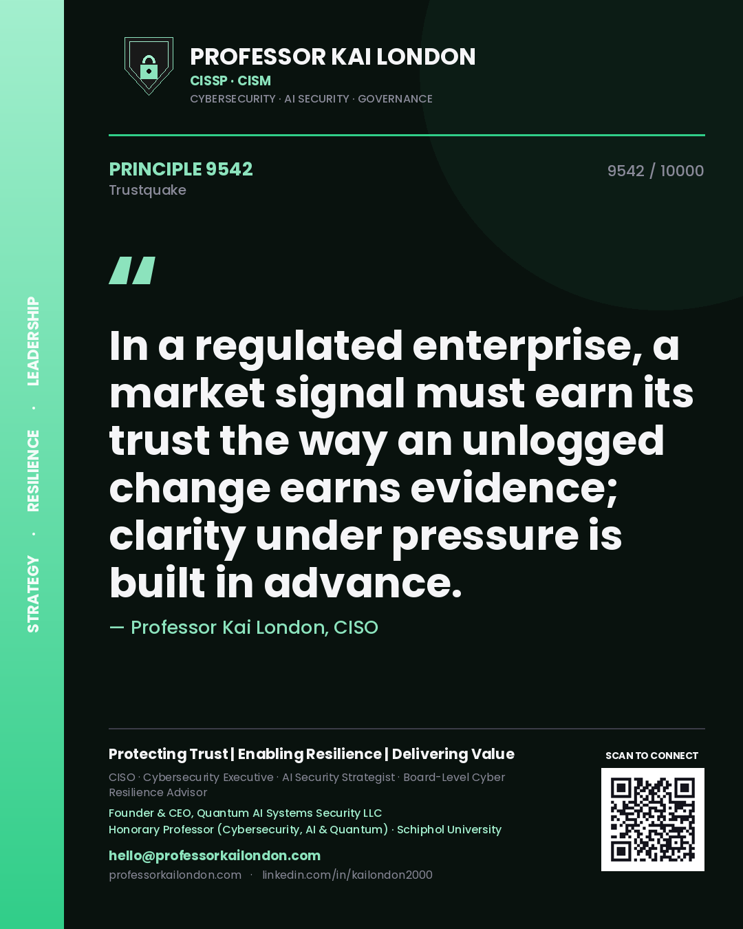 Professor Kai London principle 9542: In a regulated enterprise, a market signal must earn its trust the way an unlogged change earns evidence; clarity under pressure is built in advance.