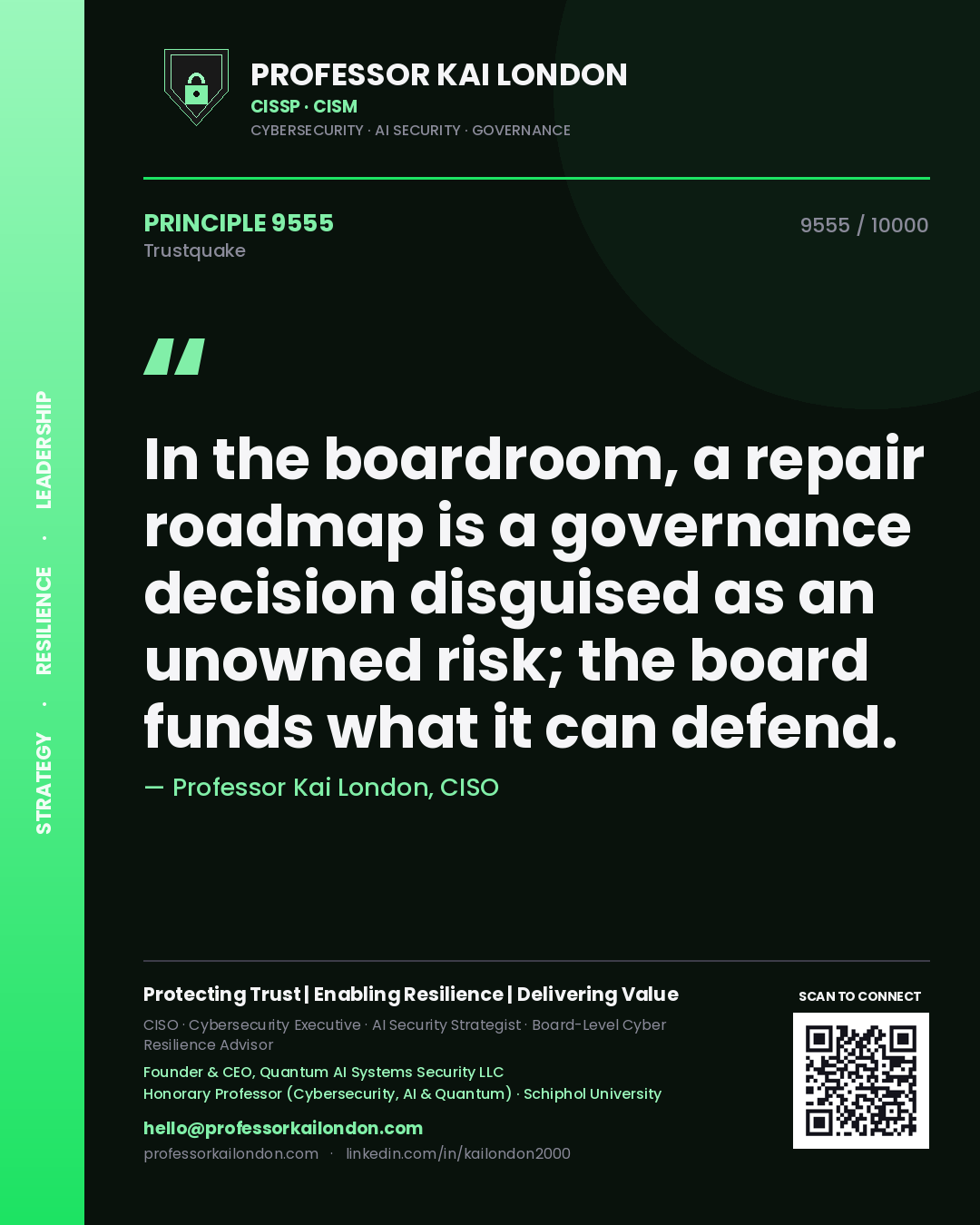Professor Kai London principle 9555: In the boardroom, a repair roadmap is a governance decision disguised as an unowned risk; the board funds what it can defend.